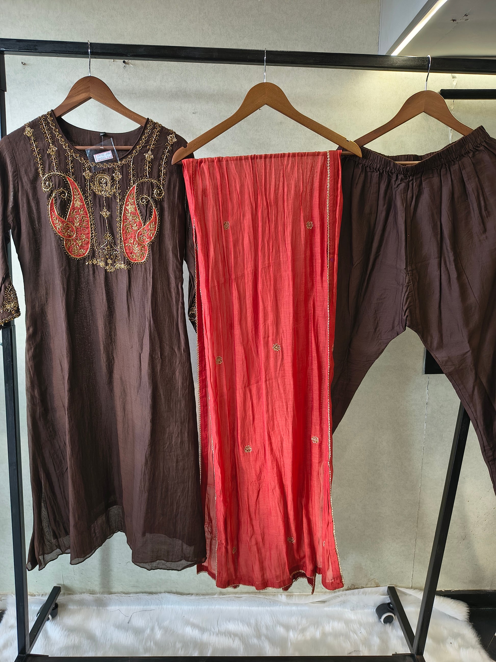 Midnight Black Embroidered Straight Kurta Set with Statement Paisley Yoke, Contrast Crimson Dupatta & Premium 3 Piece Ethnic Ensemble