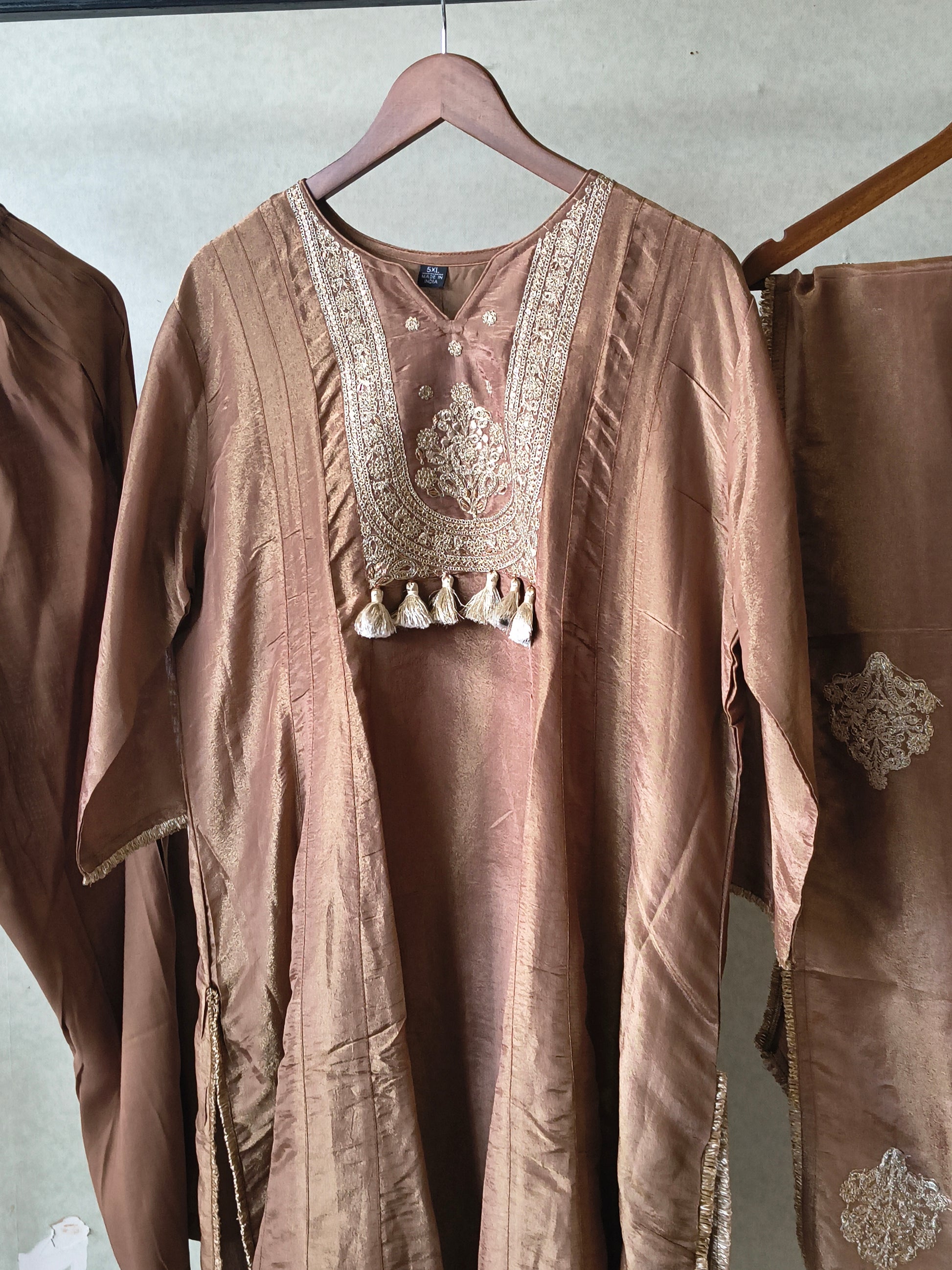 Premium Copper Brown Embroidered A-Line Kurta Set with Dupatta
