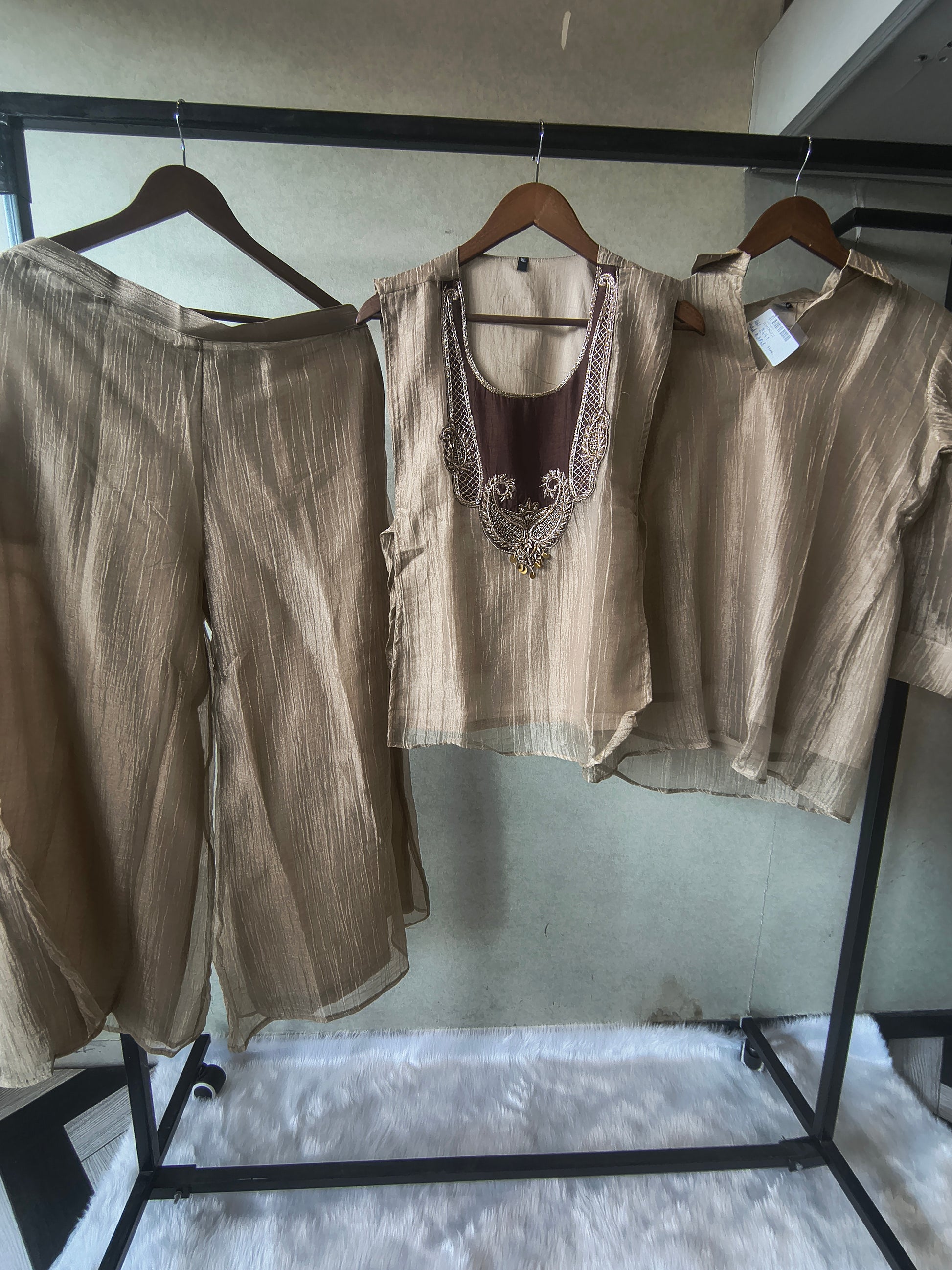 Premium Taupe Tissue Silk 3-Piece Co-Ord Set with Antique Embroidered Jacket, Inner & Palazzo
