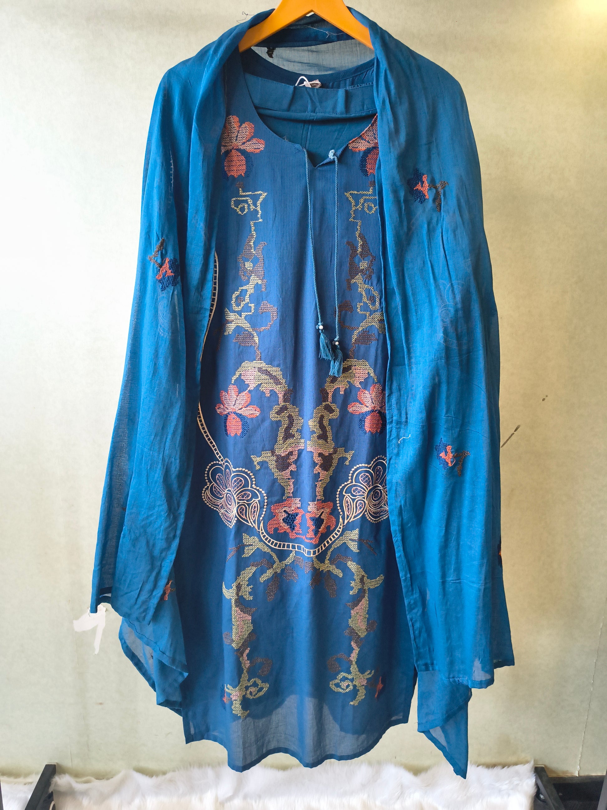 Teal Blue Cotton 3-Piece Suit Set with Floral Vine Embroidery & Embroidered Dupatta