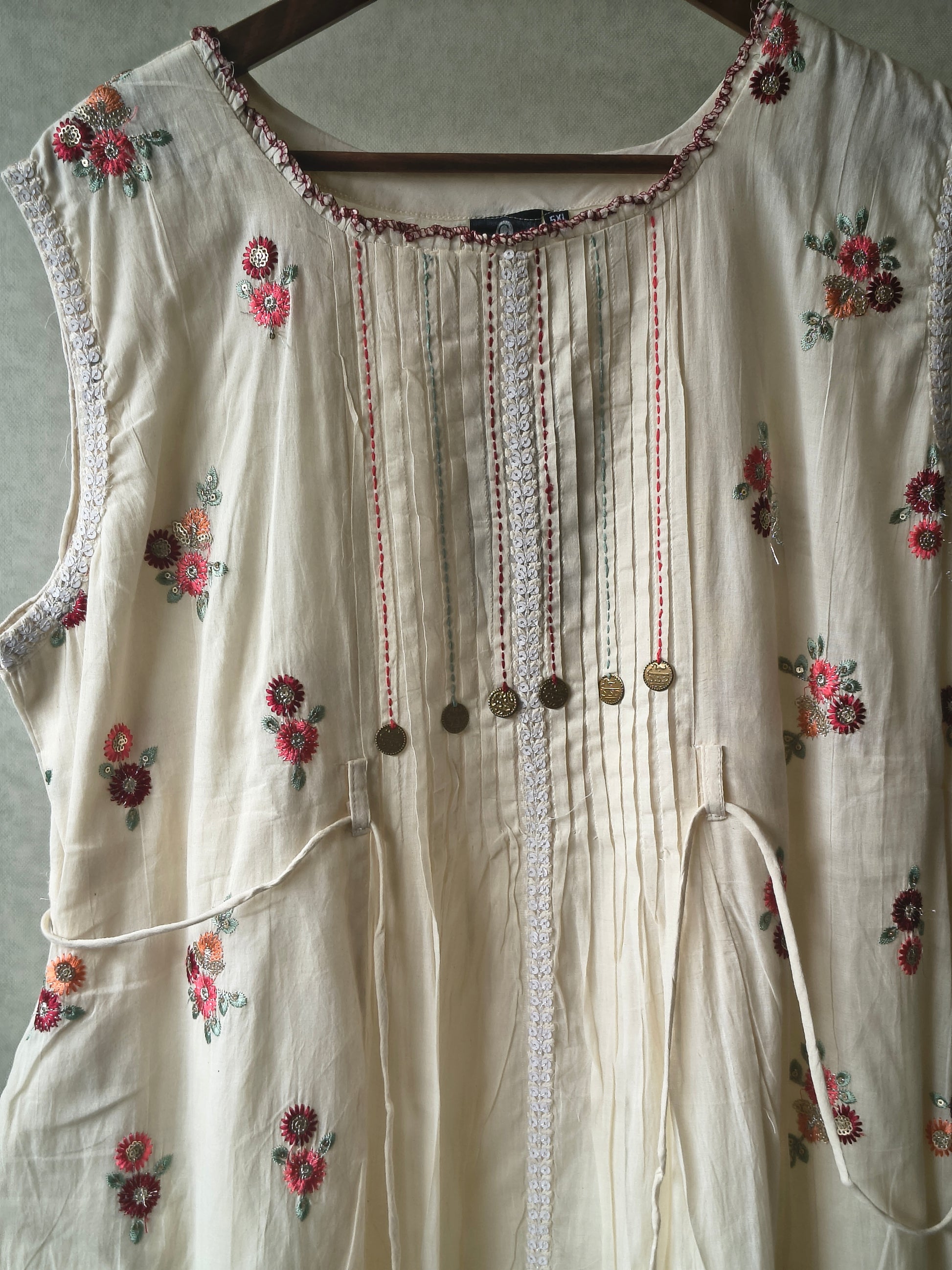 Premium Ivory Floral Embroidered Sleeveless Tiered Maxi Dress with Pintuck Detailing
