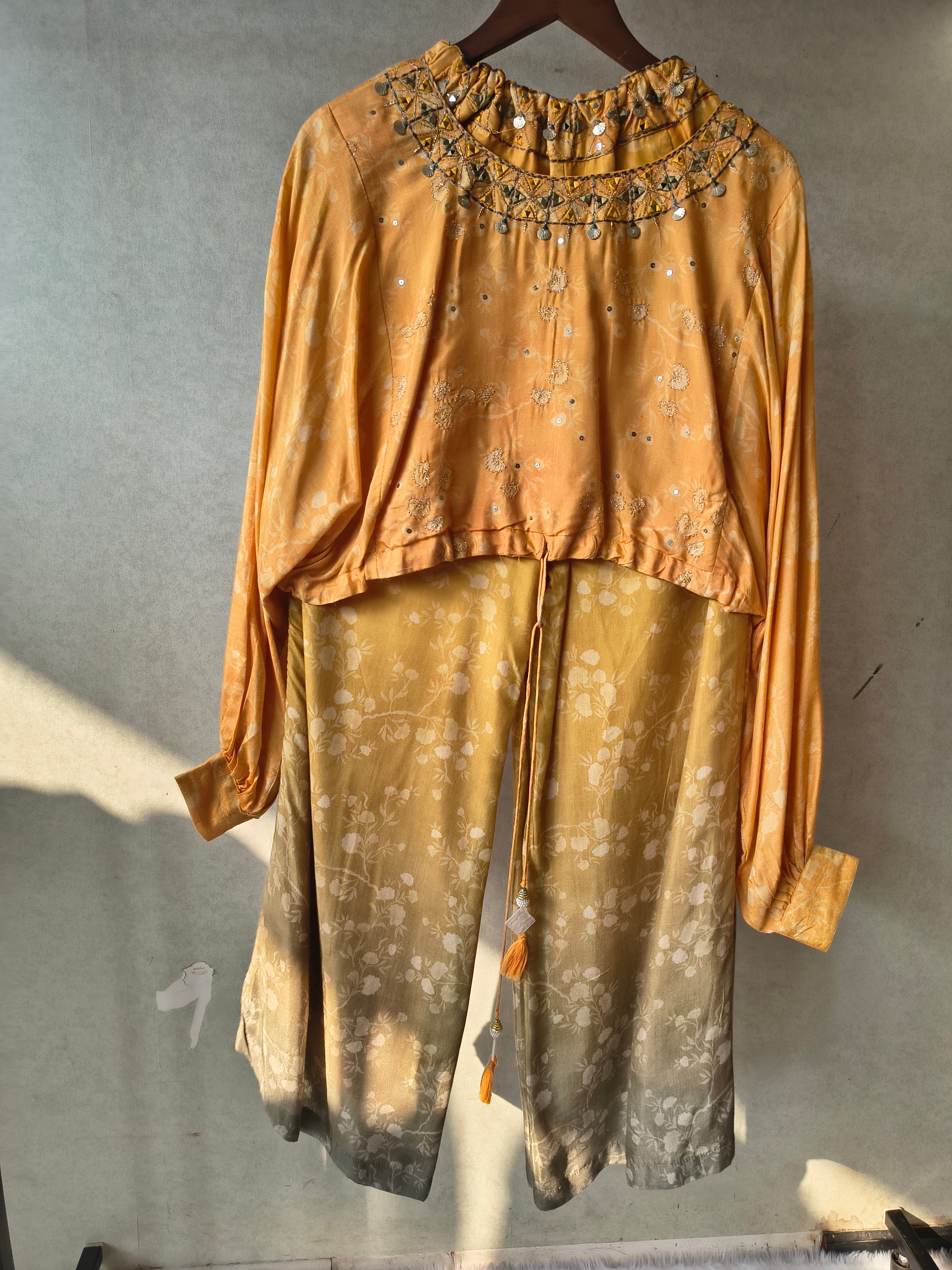 Image of Premium Sunset Ombre Embellished Crop Top & Wide-Leg Palazzo Co-Ord Set