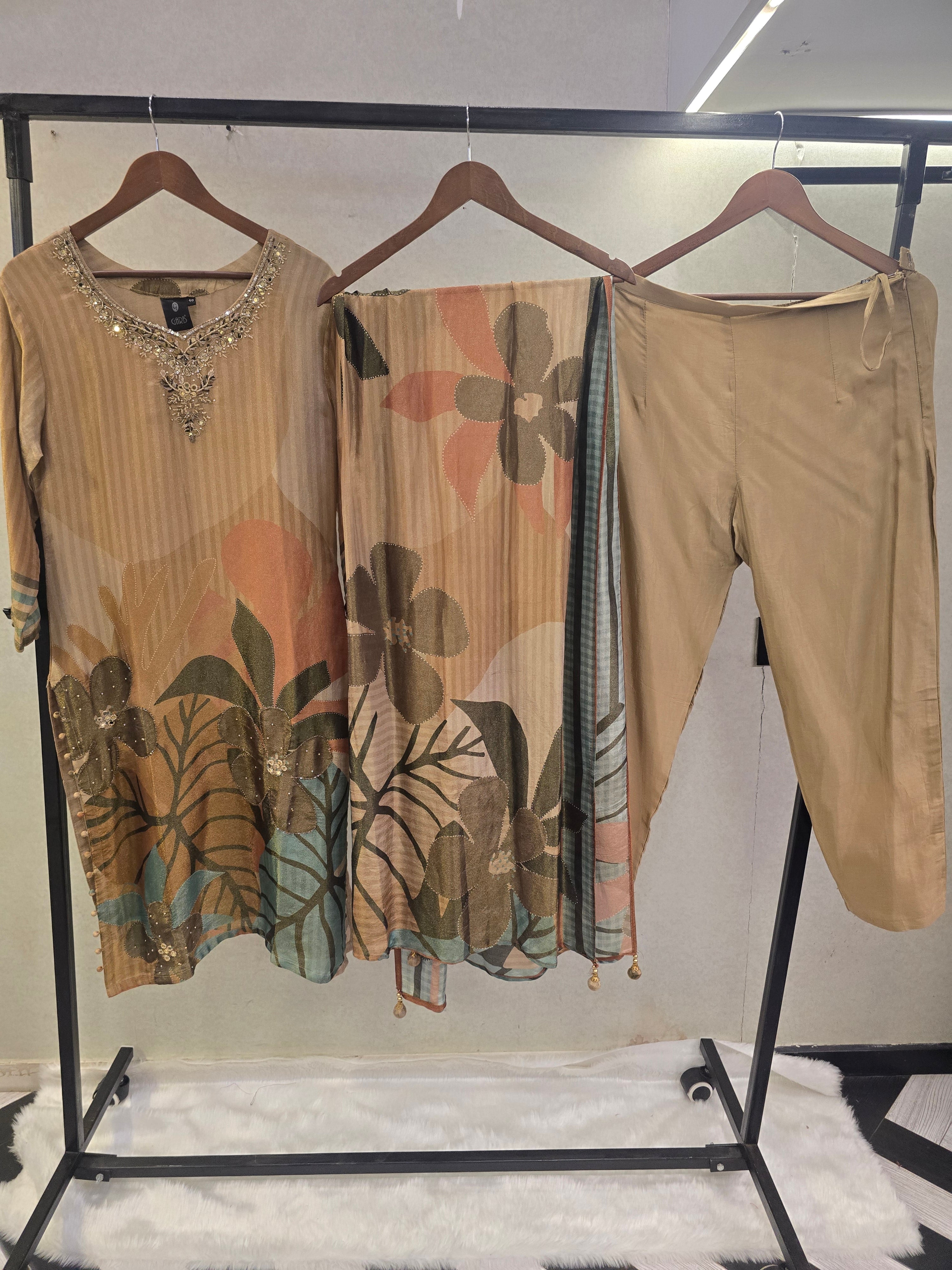Image of Beige Floral Printed Designer Kurta Set with Embellished Neckline & Printed Dupatta | Premium 3 Piece Ethnic Ensemble