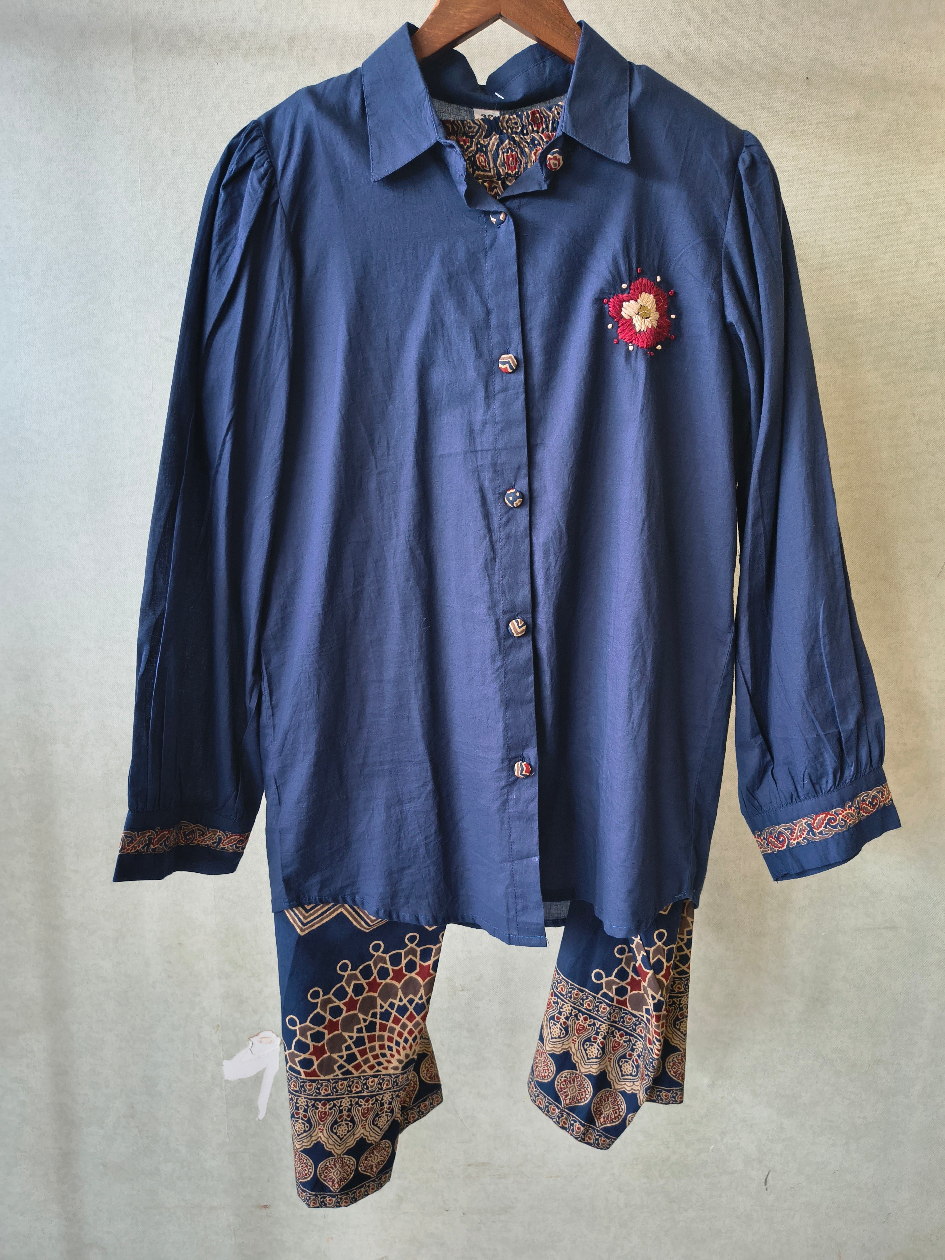 Image of Navy Blue Designer Shirt Co-Ord Set with Statement Printed Palazzo Pants