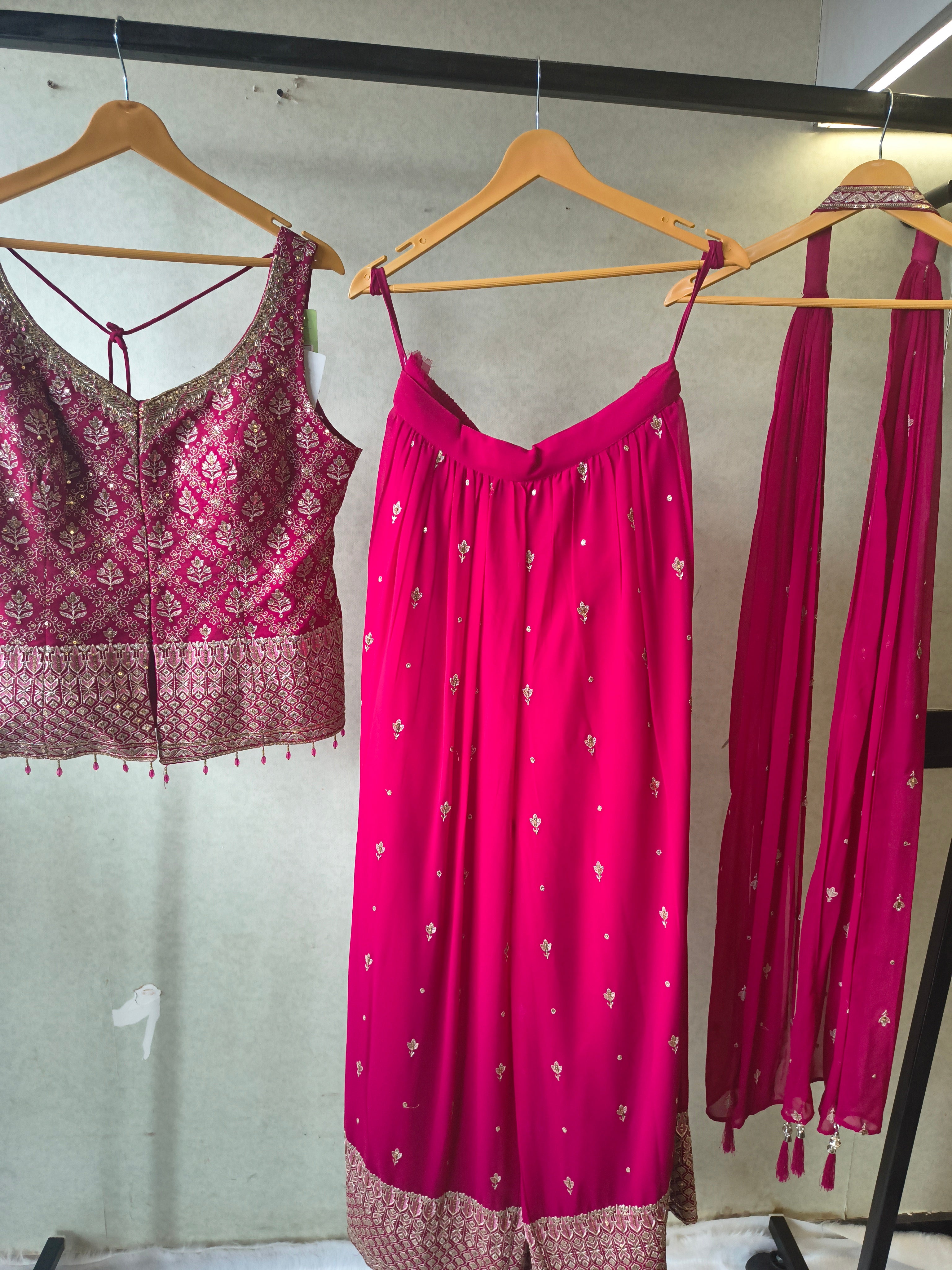 Image of Rani Pink Zari Woven Blouse with Flared Palazzo & Embellished Dupatta – Designer 3 Piece Festive Set