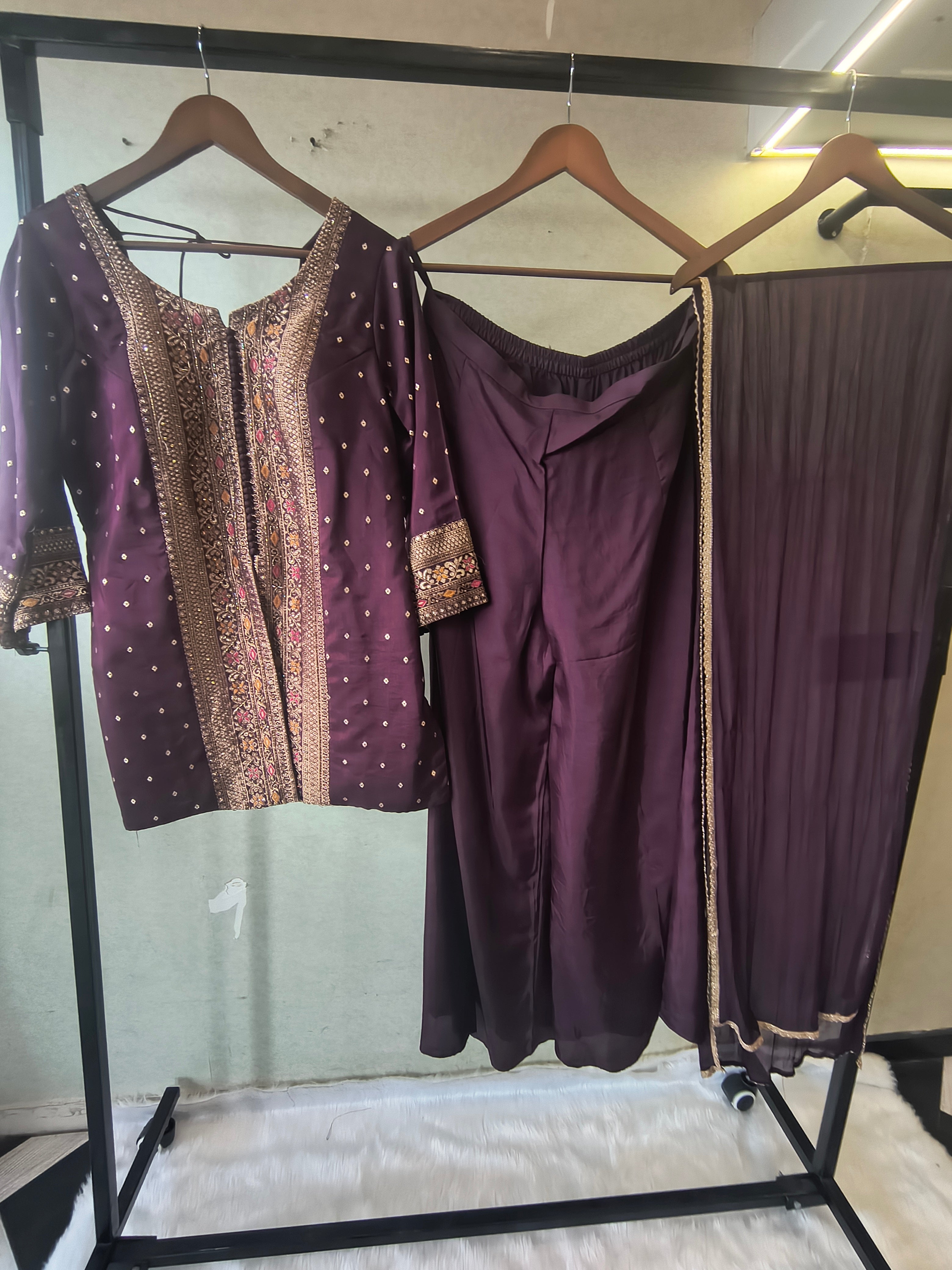 Image of Royal Purple Embroidered Straight Kurta Set with Flared Palazzo & Pleated Dupatta – Designer 3 Piece Festive Ensemble