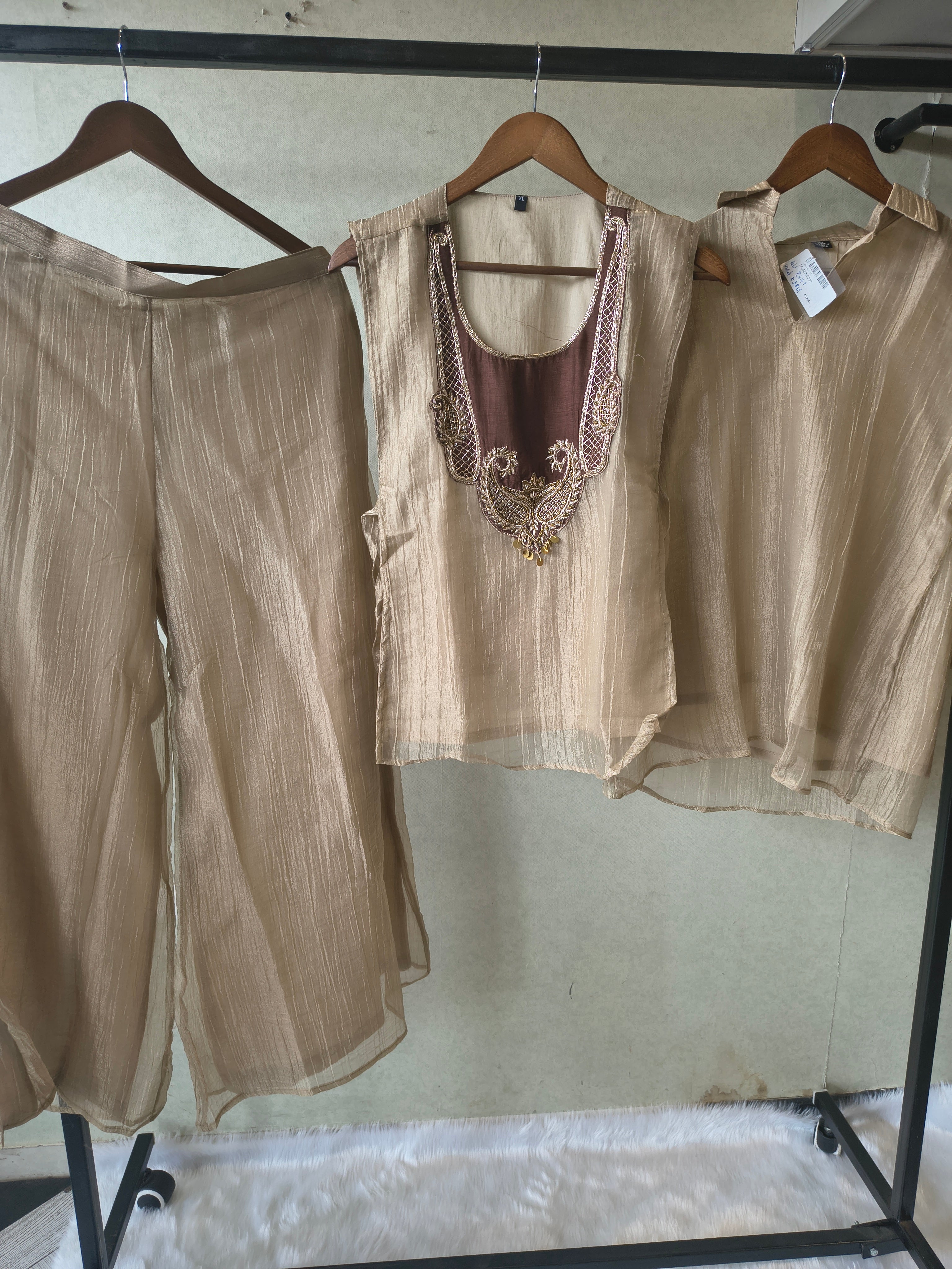 Image of Premium Taupe Tissue Silk 3-Piece Co-Ord Set with Antique Embroidered Jacket, Inner & Palazzo