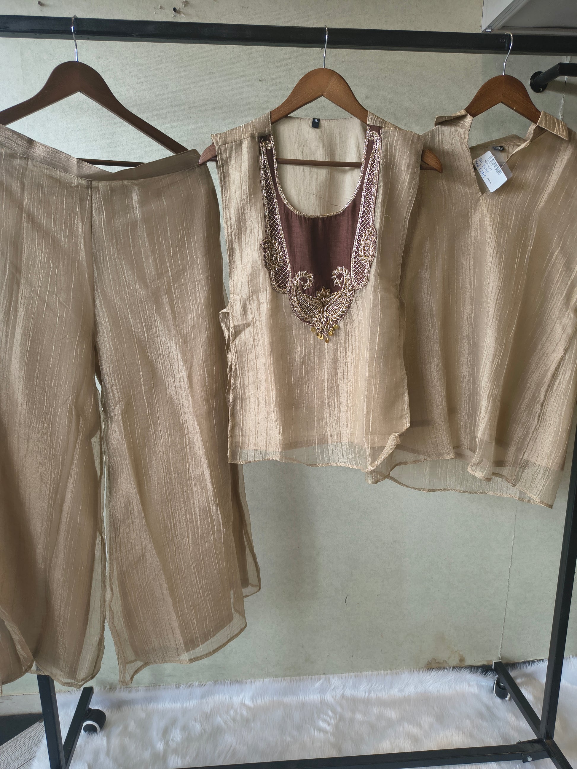 Premium Taupe Tissue Silk 3-Piece Co-Ord Set with Antique Embroidered Jacket, Inner & Palazzo