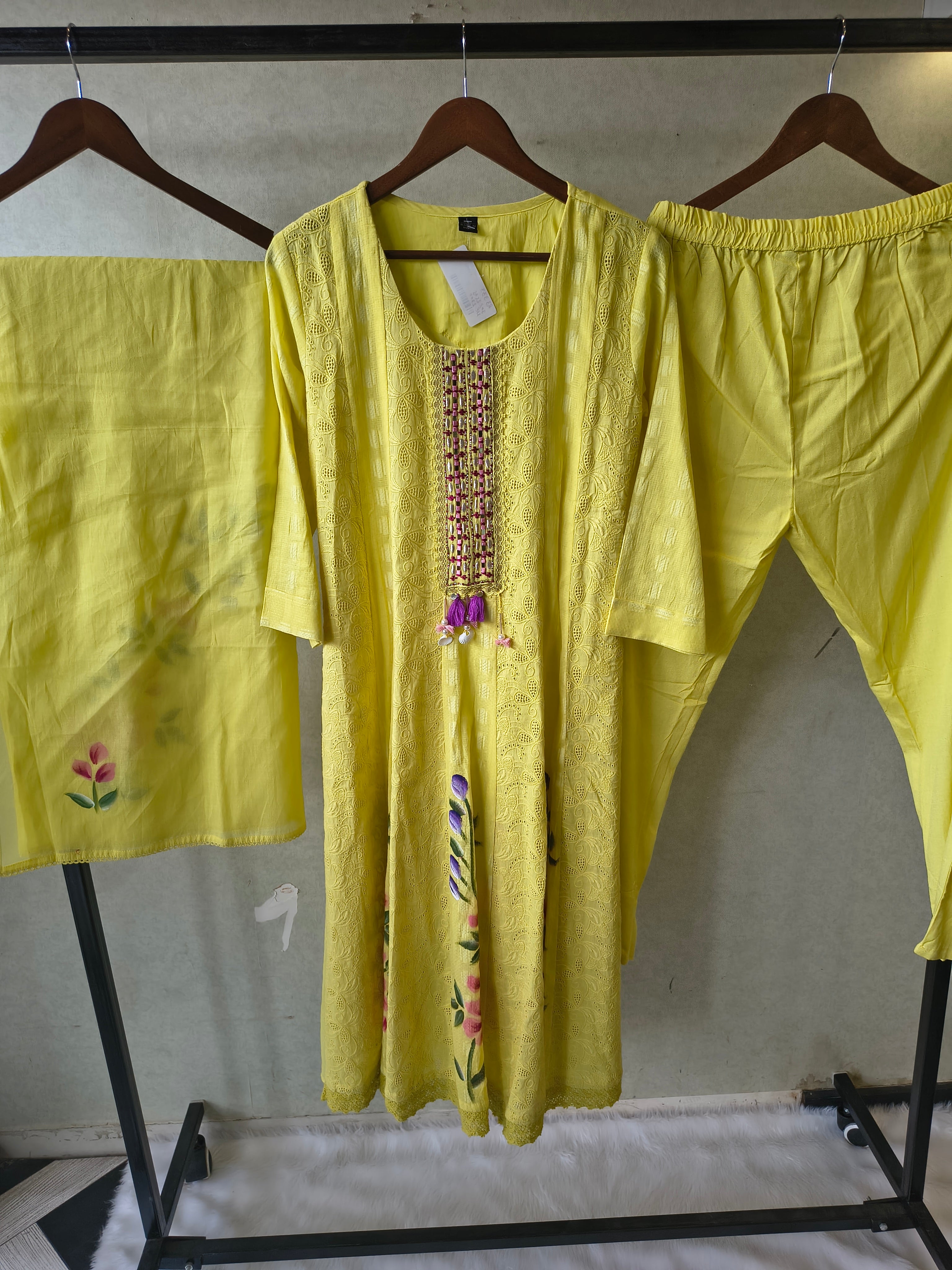 Image of Premium Sunshine Yellow Schiffli Embroidered Kurta Set with Floral Handwork & Dupatta