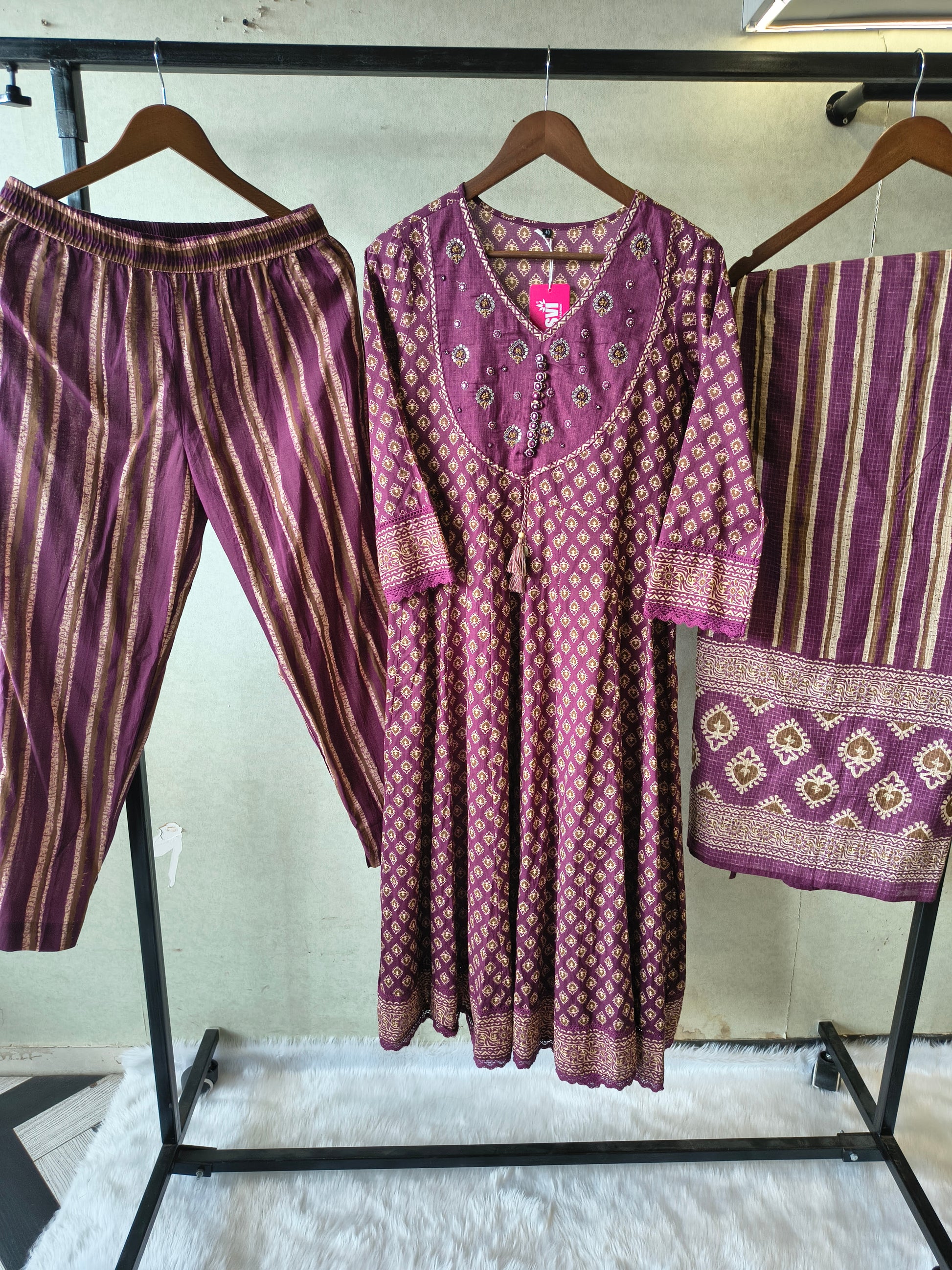 Plum Printed Cotton Anarkali Suit Set with Striped Pants & Dupatta