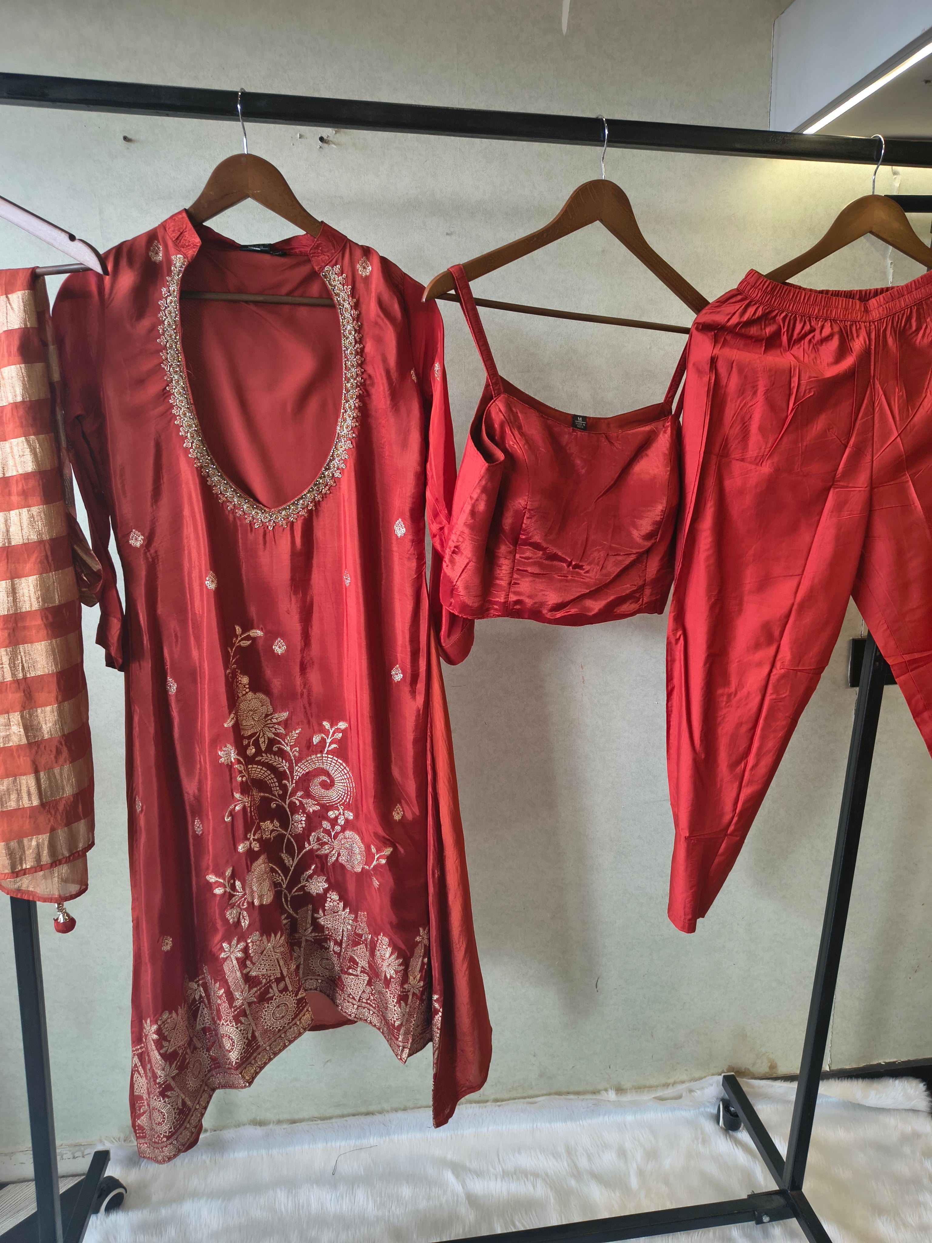 Image of Ruby Red Embroidered Asymmetrical Kurta with Inner, Cigarette Pants & Striped Dupatta – 4 Piece Designer Indo-Western Set