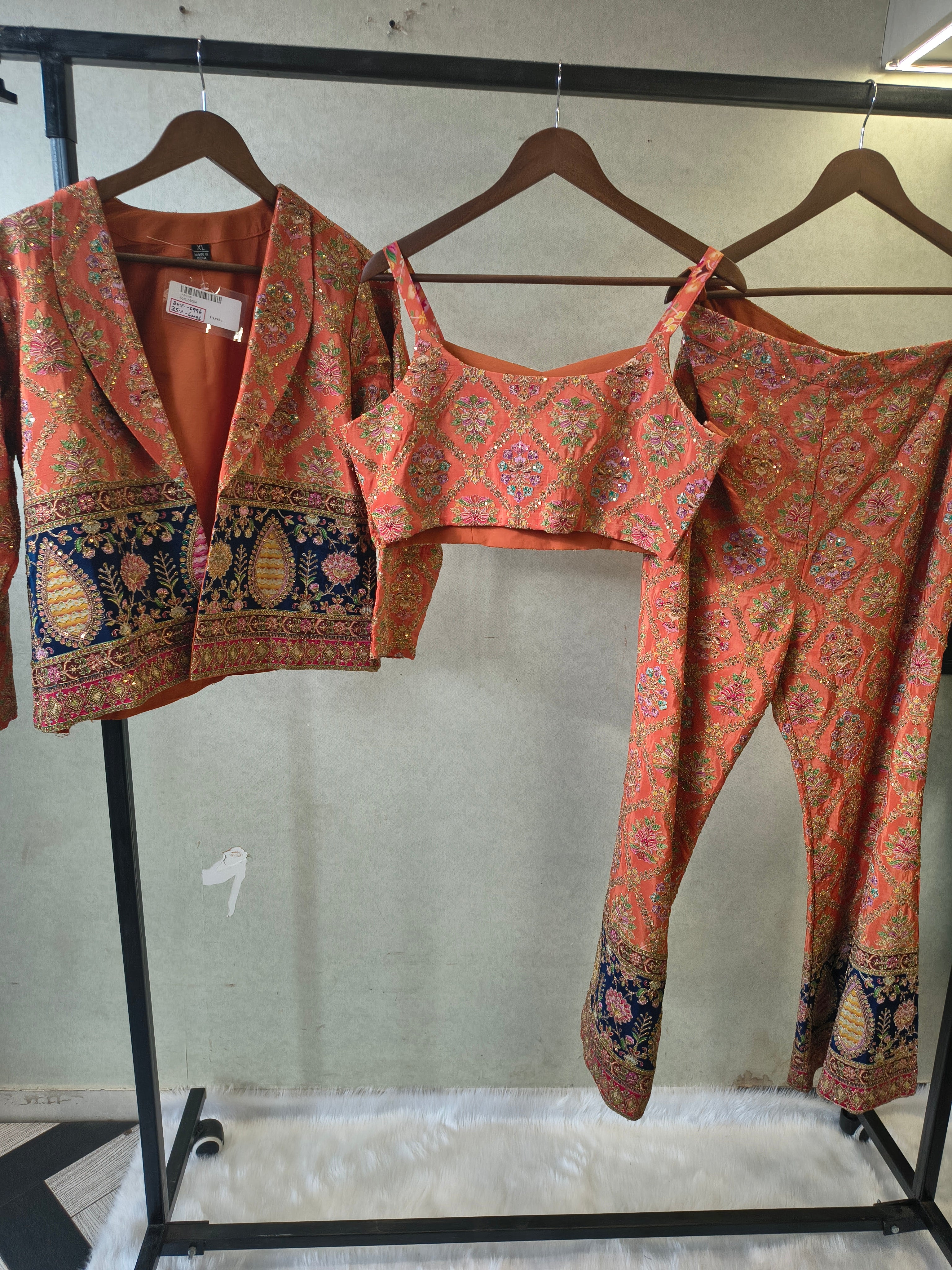 Image of Luxury Coral Brocade Bralette with Embroidered Jacket & Designer Brocade Pants – 3 Piece Indo-Western Co-Ord Set
