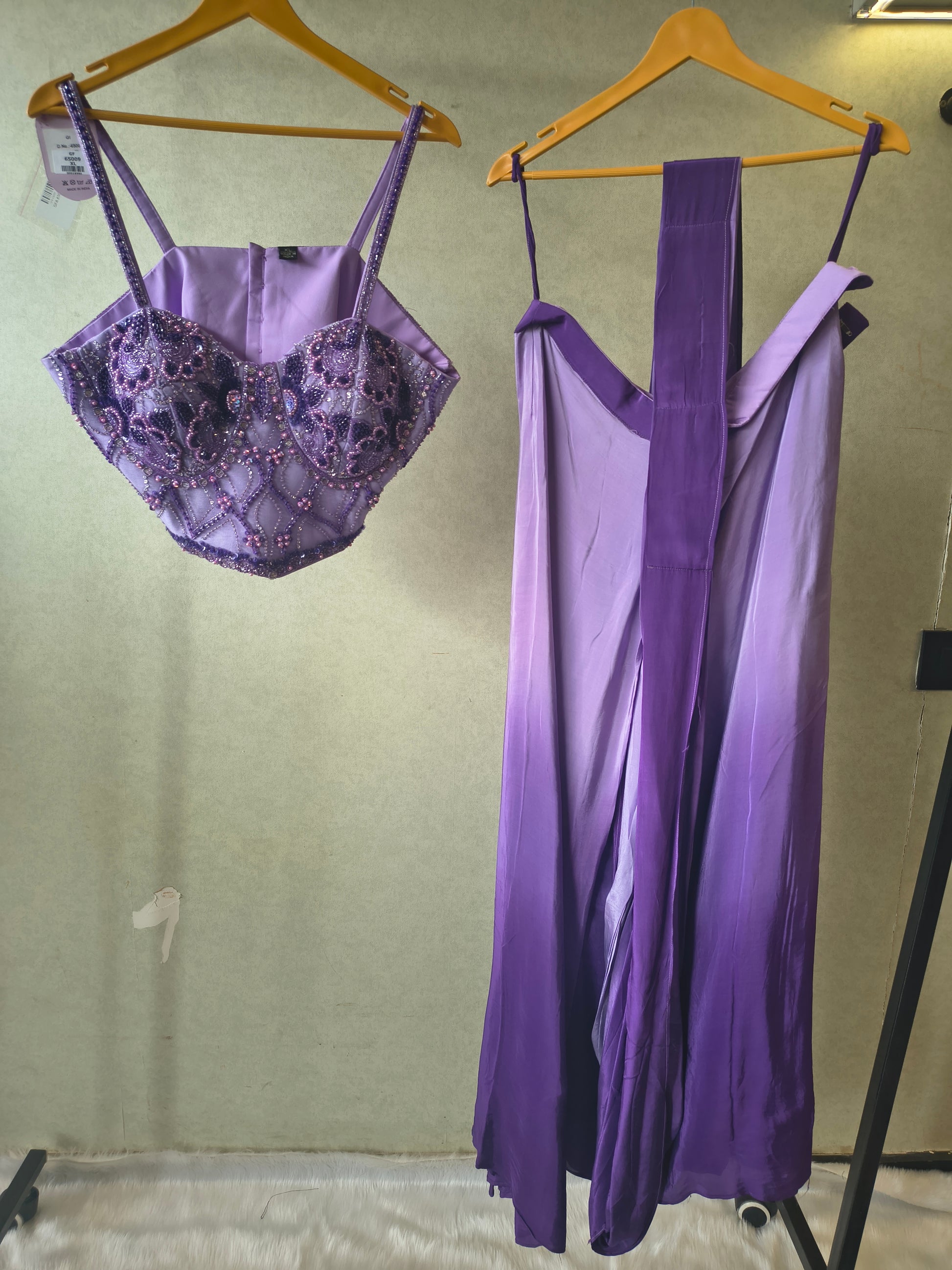 Lavender Embellished Corset Blouse with Drape Palazzo – Designer Indo-Western Party Wear Co-Ord Set