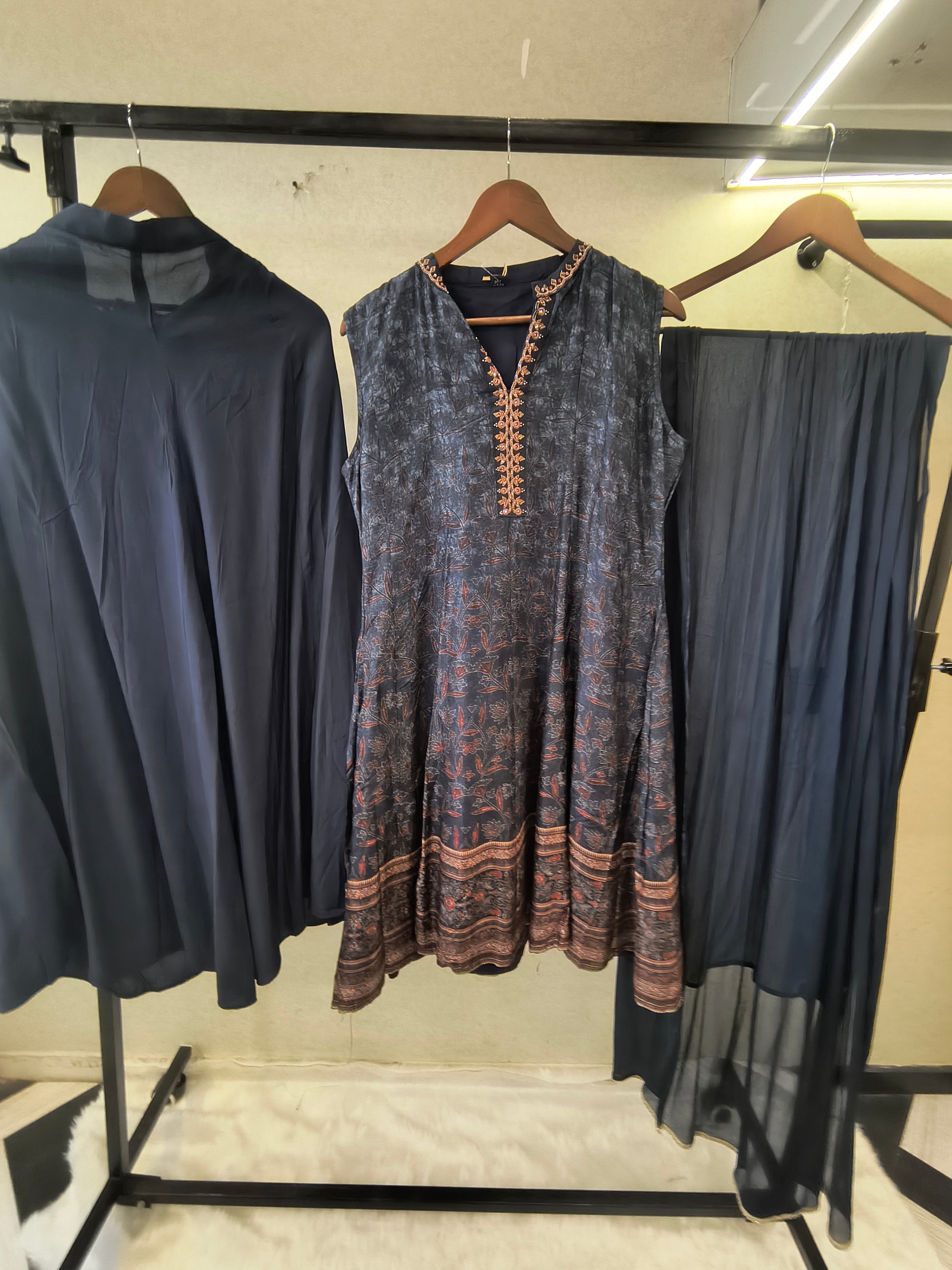 Midnight Navy Printed Anarkali Kurta Set with Embroidered Neckline, Palazzo & Chiffon Dupatta | Premium 3 Piece Festive Ensemble