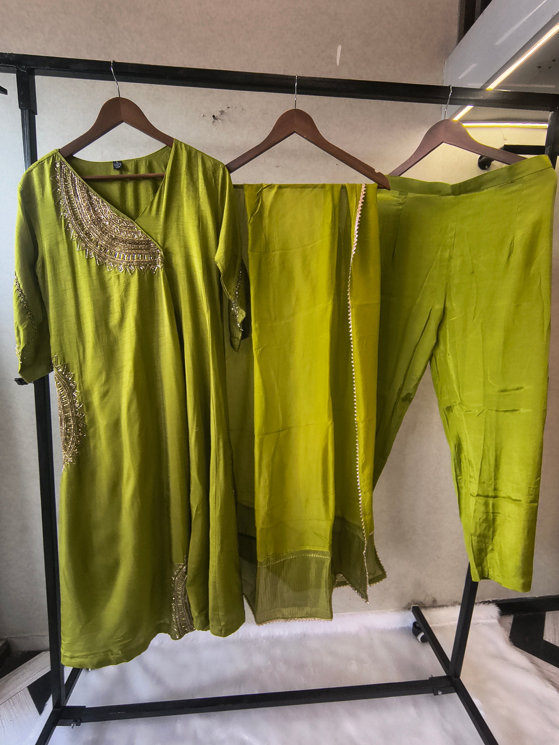 Lime Green Hand-Embroidered Designer Kurta Set with Organza Dupatta | Premium 3 Piece Ethnic Suit