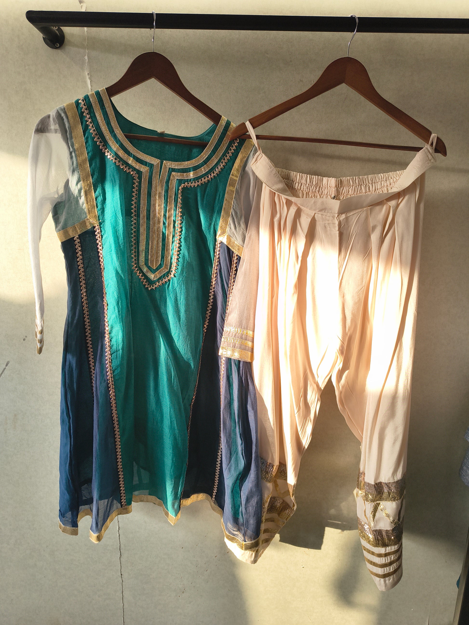 Teal & Navy Colour Block Designer Kurta Set with Gota Patti Dhoti Pants
