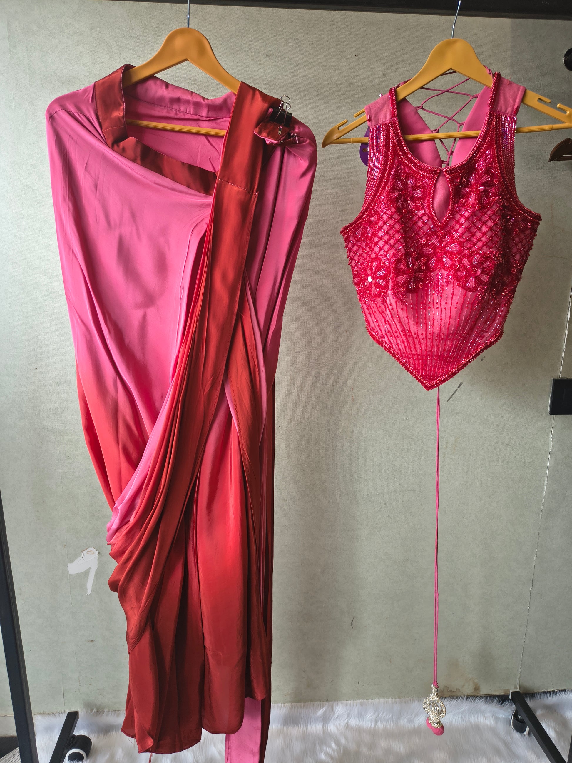 Premium Ombre Pink Pre-Draped Designer Saree with Heavy Hand Embroidered Corset Blouse