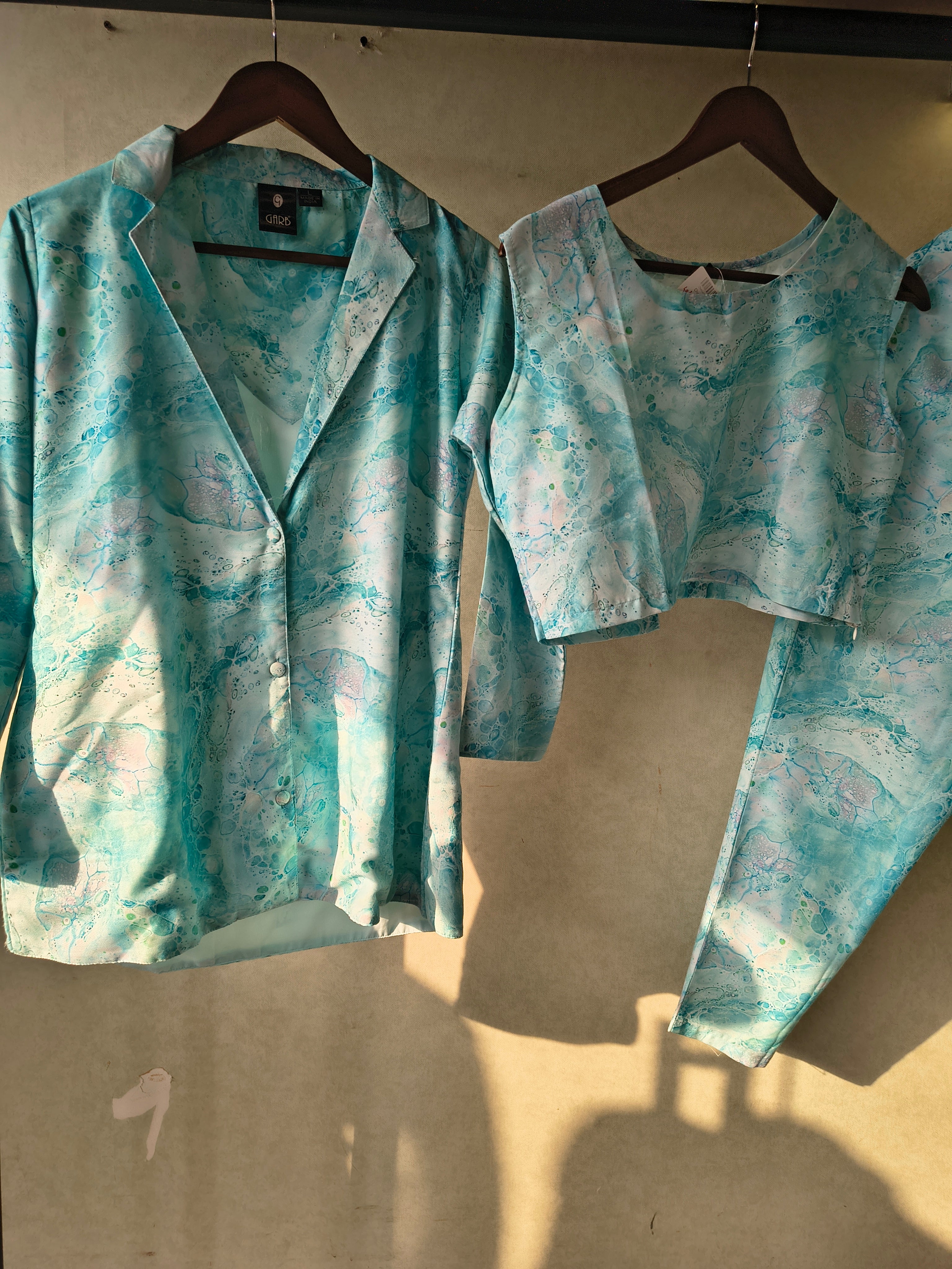 Image of Premium Aqua Marble Print Blazer, Crop Top & Straight Pants Co-Ord Set