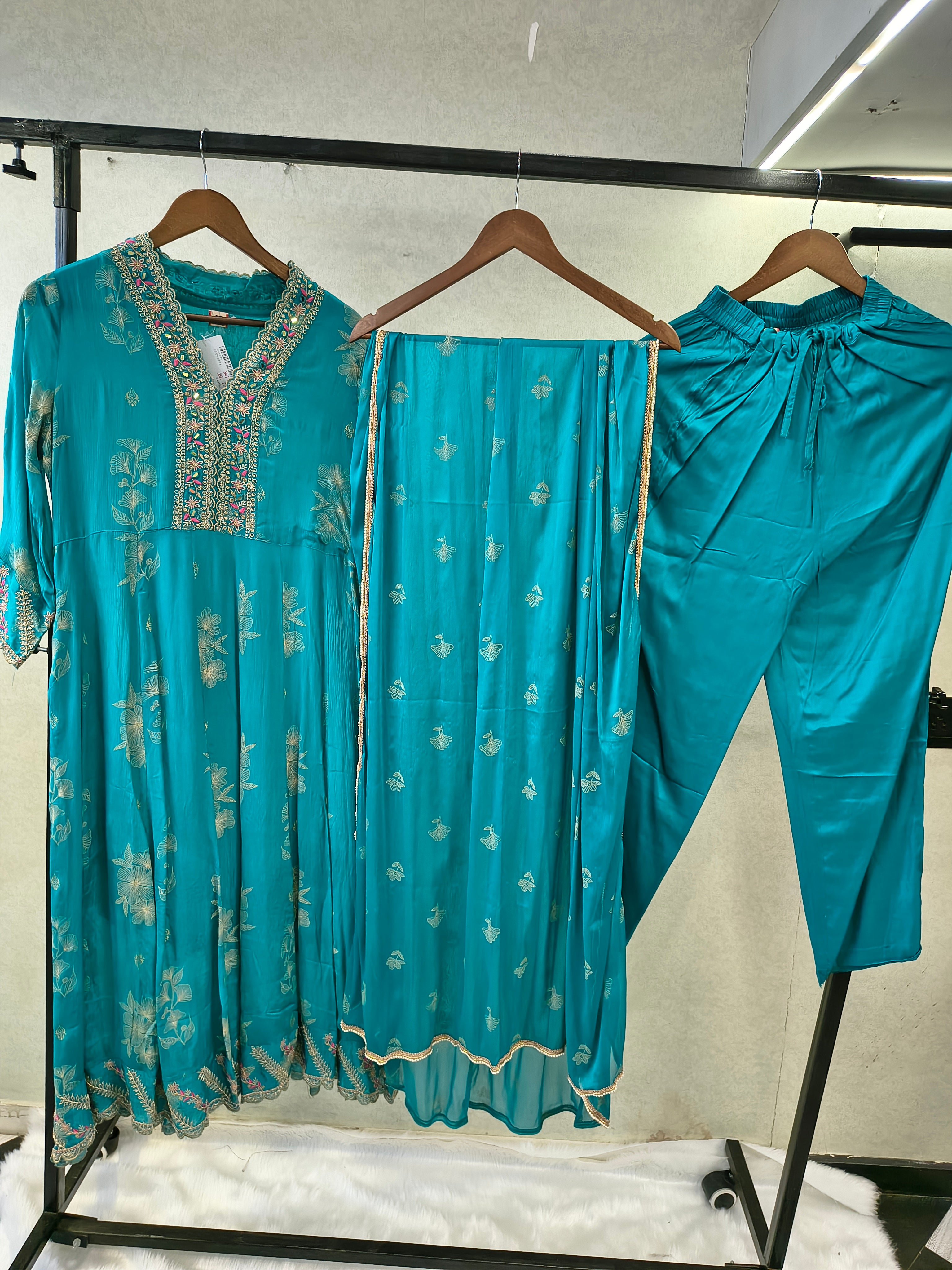 Image of Teal Blue Floral Embroidered Anarkali Kurta Set with Straight Pants & Embroidered Chiffon Dupatta | Premium 3 Piece Festive Ensemble