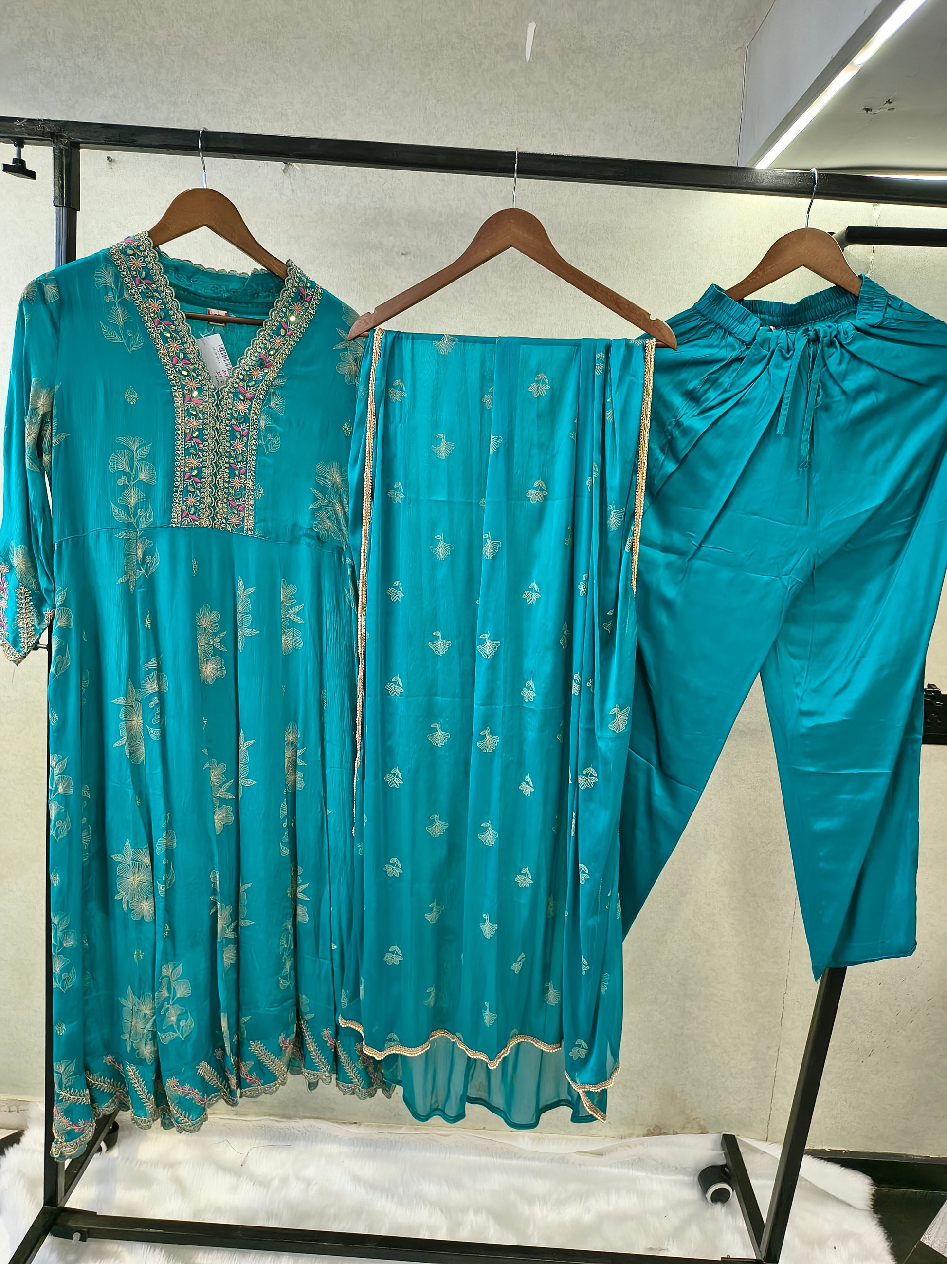 Teal Blue Floral Embroidered Anarkali Kurta Set with Straight Pants & Embroidered Chiffon Dupatta | Premium 3 Piece Festive Ensemble