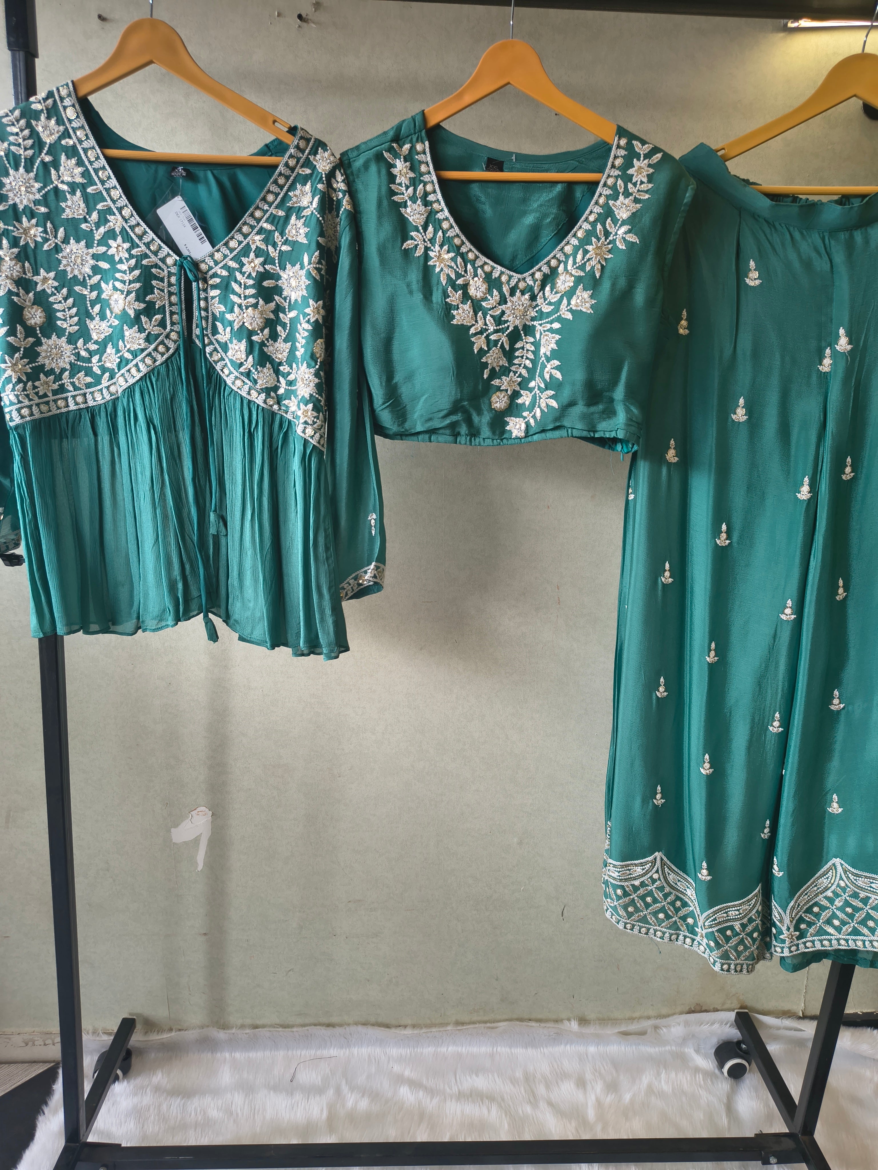 Image of Emerald Green Embroidered Peplum Jacket with Blouse & Flared Palazzo – Designer 3 Piece Indo-Western Set