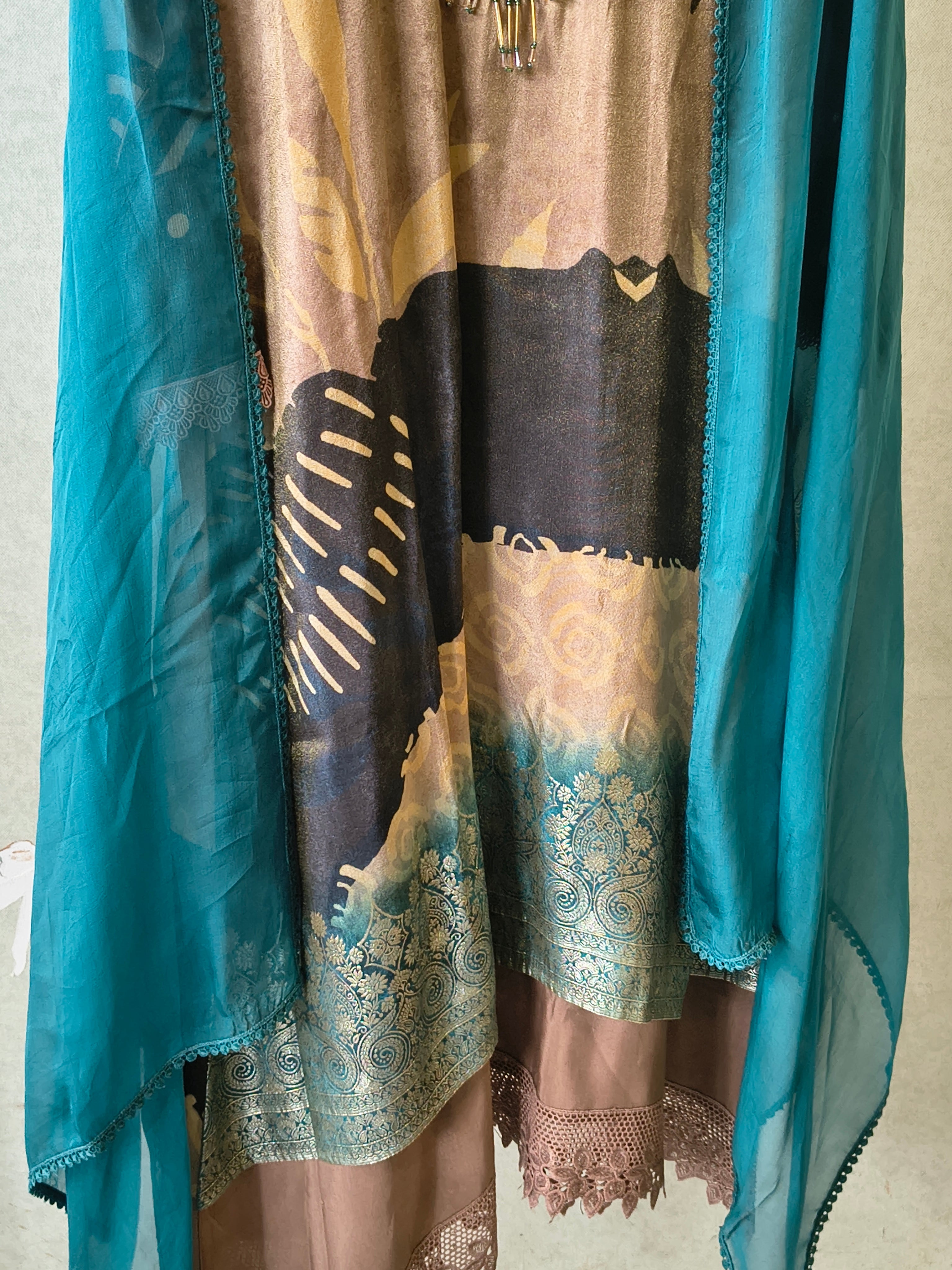 Image of Premium Abstract Print Straight Kurta with Cigarette Pants & Dupatta Set