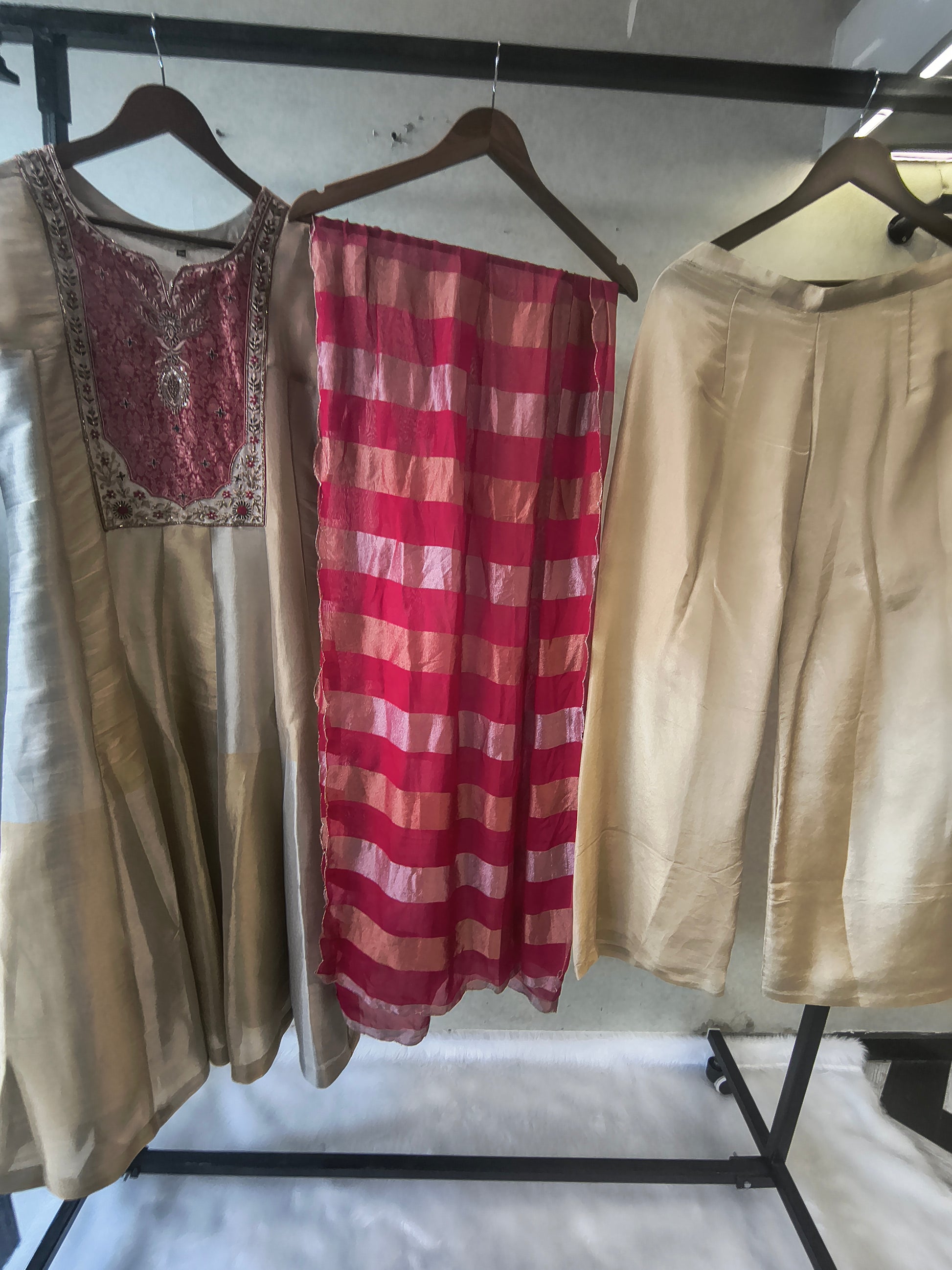 Ivory Embroidered Designer Kurta Set with Pink Striped Organza Dupatta | Premium 3 Piece Ethnic Suit