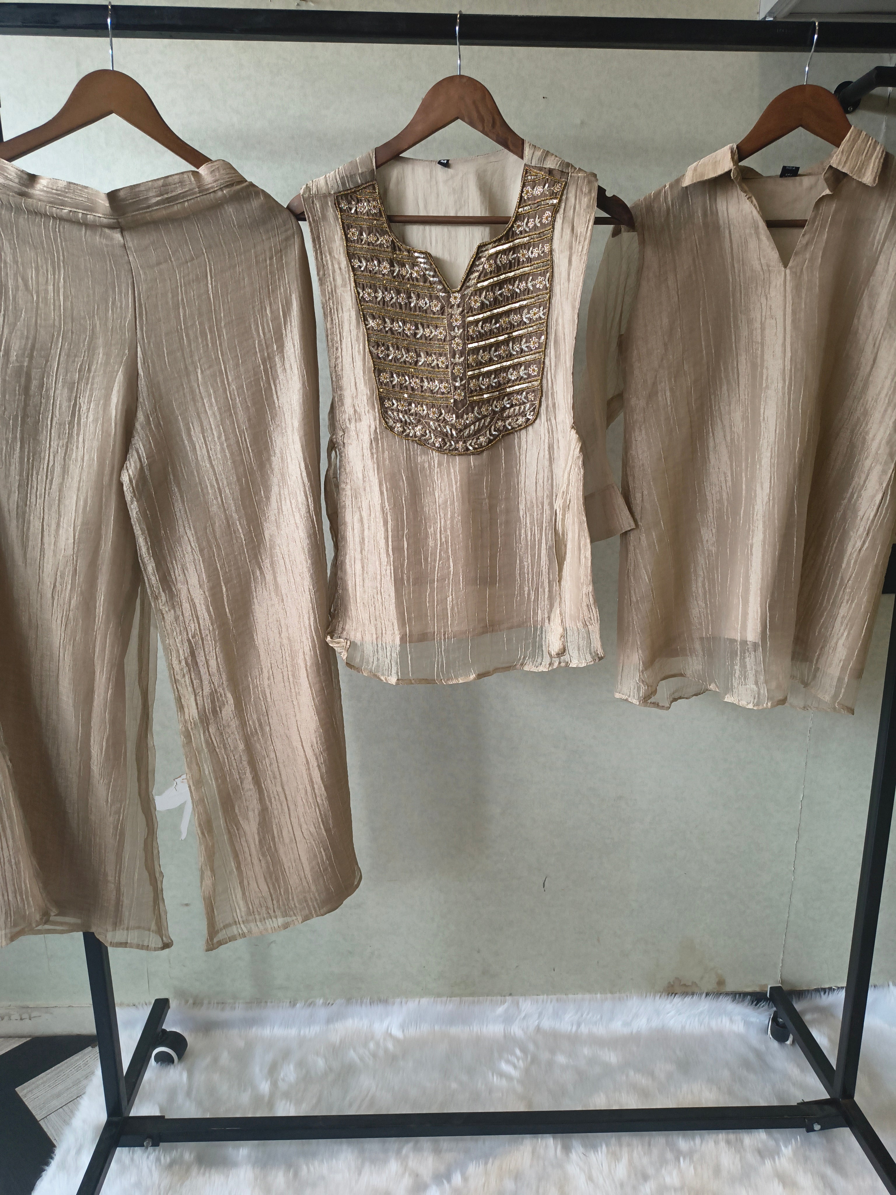 Image of Premium Champagne Gold Tissue Silk 3-Piece Co-Ord Set with Antique Zari Embroidered Jacket, Inner & Palazzo