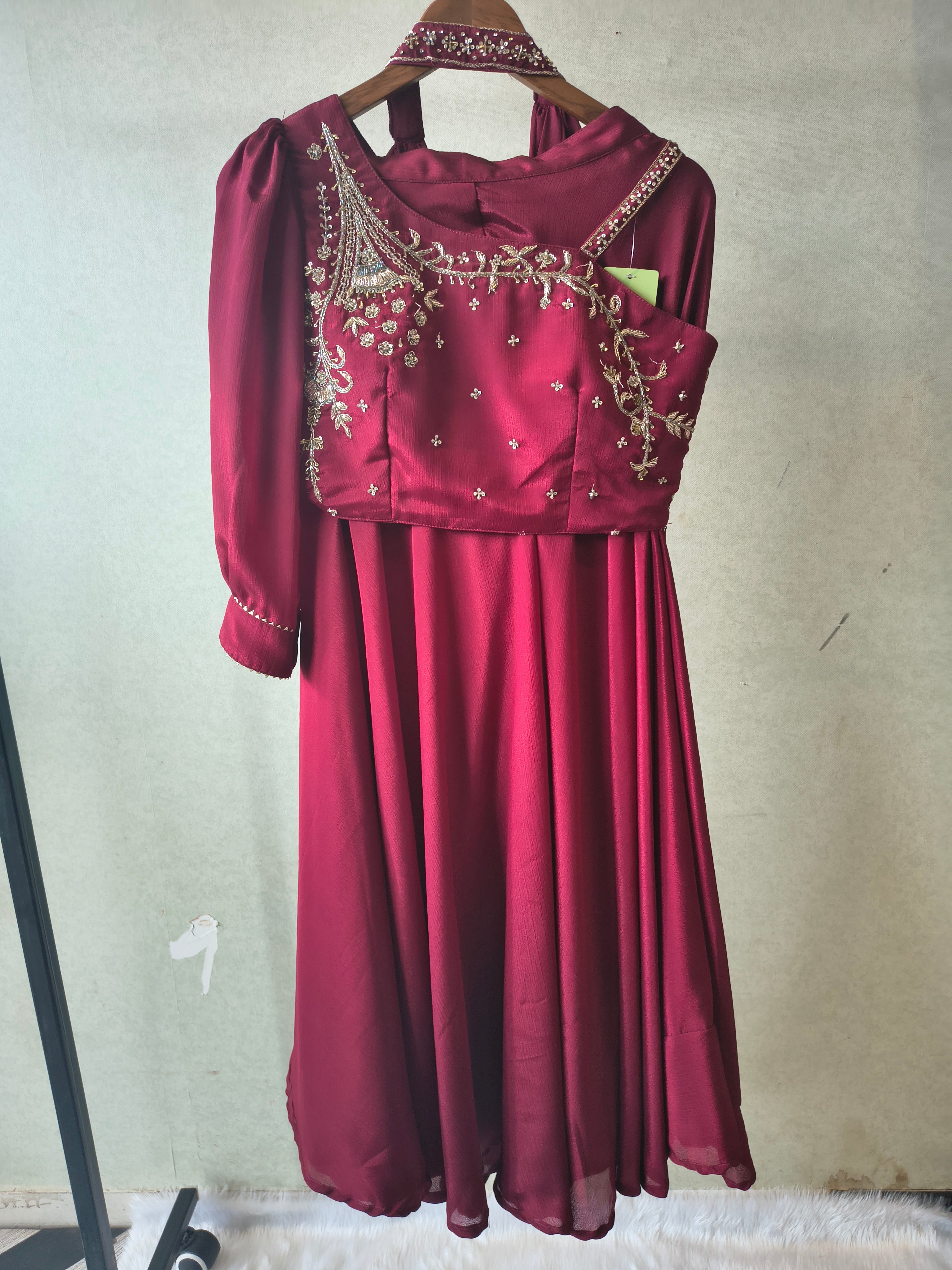 Image of Premium Wine Satin Silk 3-Piece Lehenga Set with Hand Embroidered One-Shoulder Blouse & Dupatta