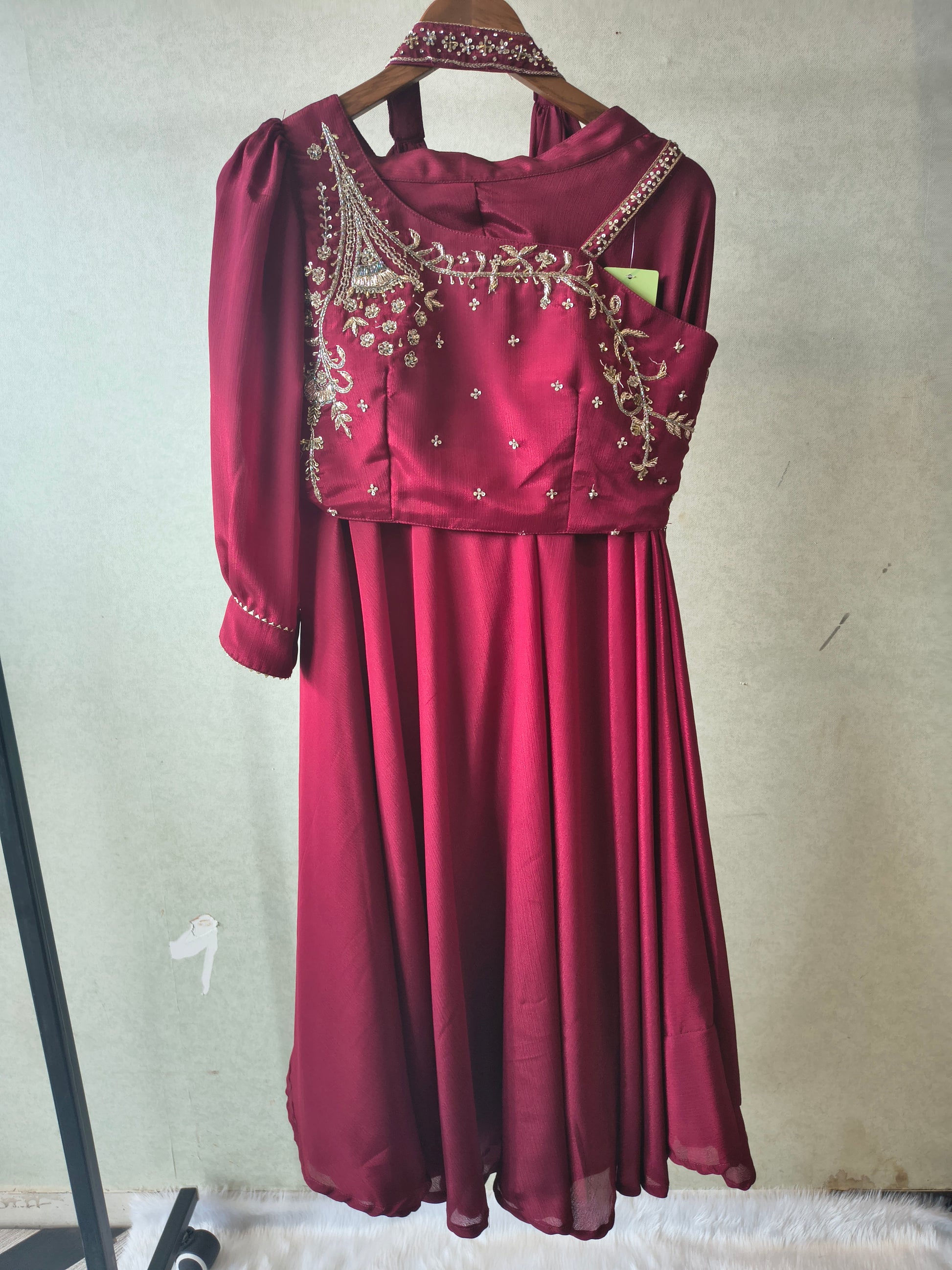 Premium Wine Satin Silk 3-Piece Lehenga Set with Hand Embroidered One-Shoulder Blouse & Dupatta