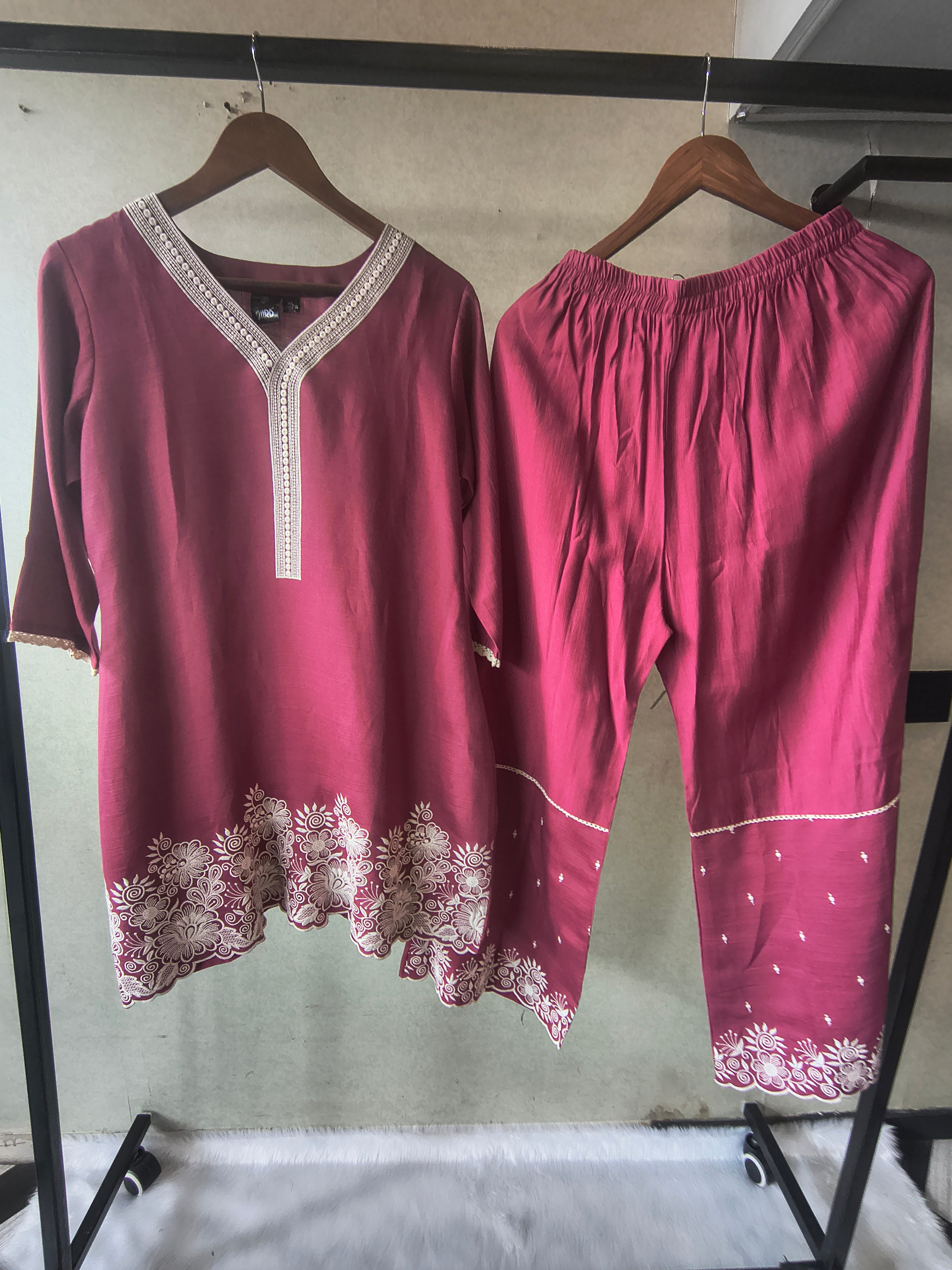 Image of Premium Wine Pink Embroidered Kurta Set with Matching Embroidered Palazzo & Dupatta