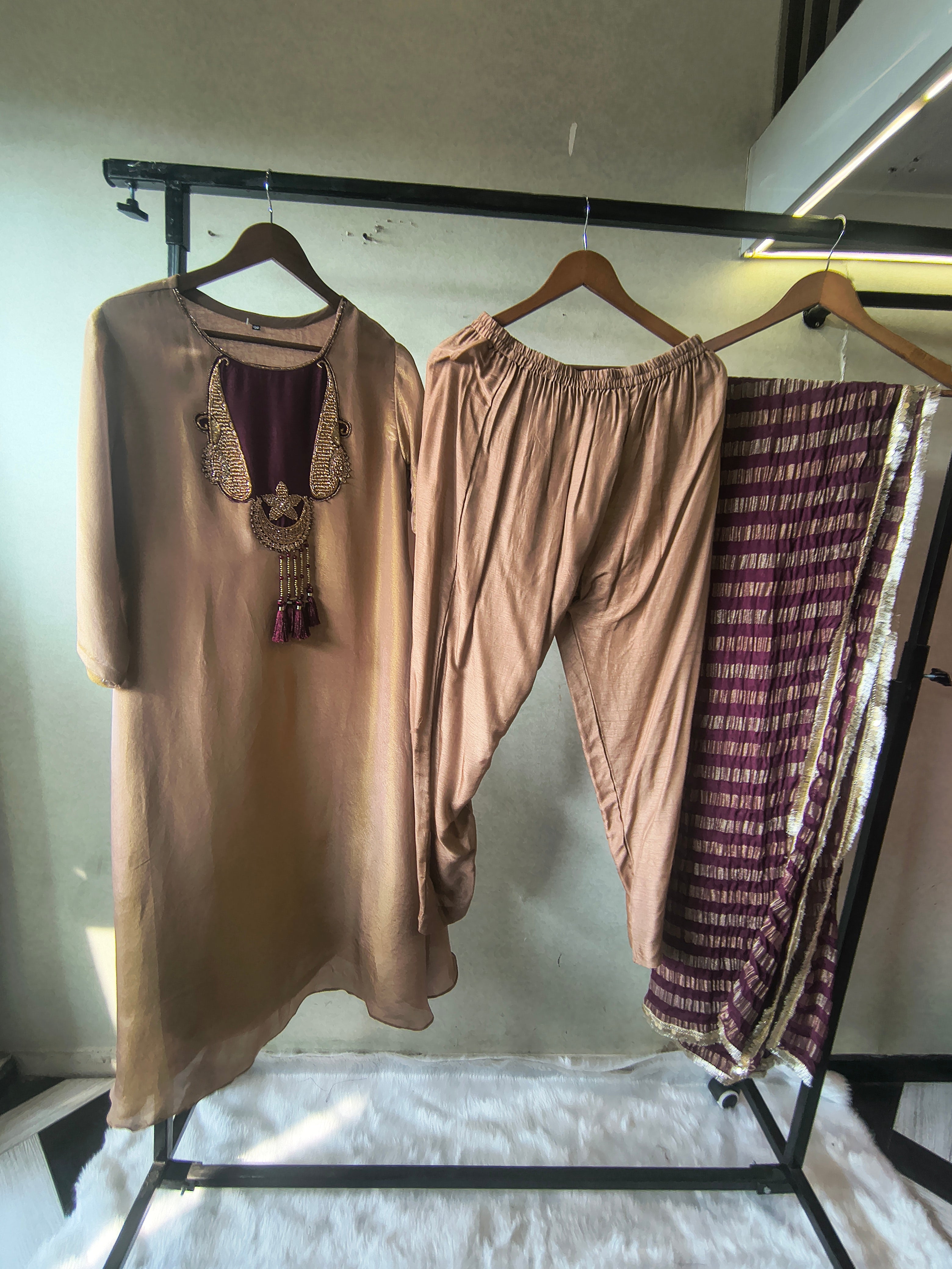 Image of Champagne Gold Silk Blend Kurta Set with Statement Hand-Embellished Neckline & Striped Designer Dupatta – Premium 3 Piece Ethnic Ensemble