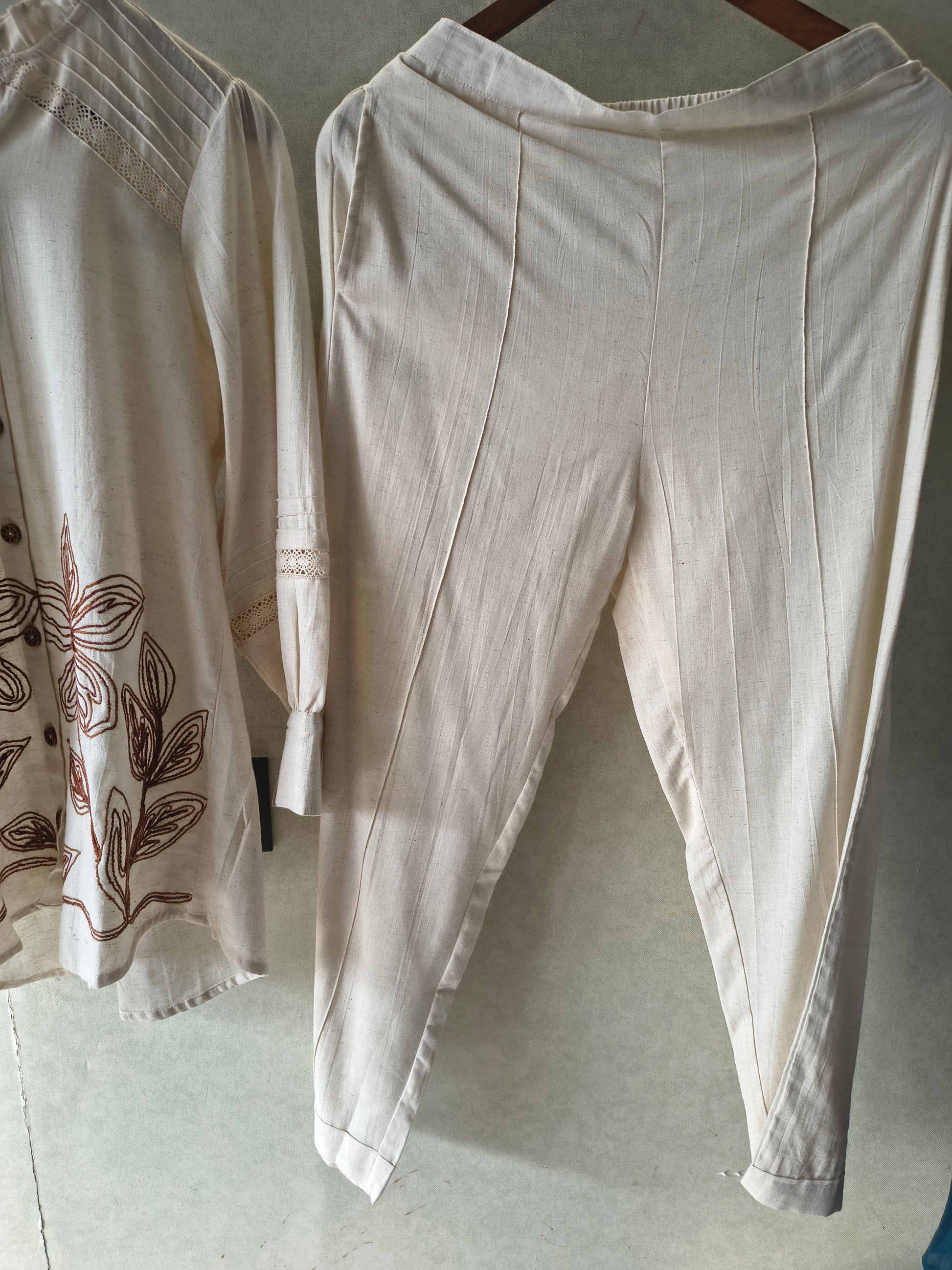 Ivory Botanical Embroidered Pintuck Designer Co-Ord Set