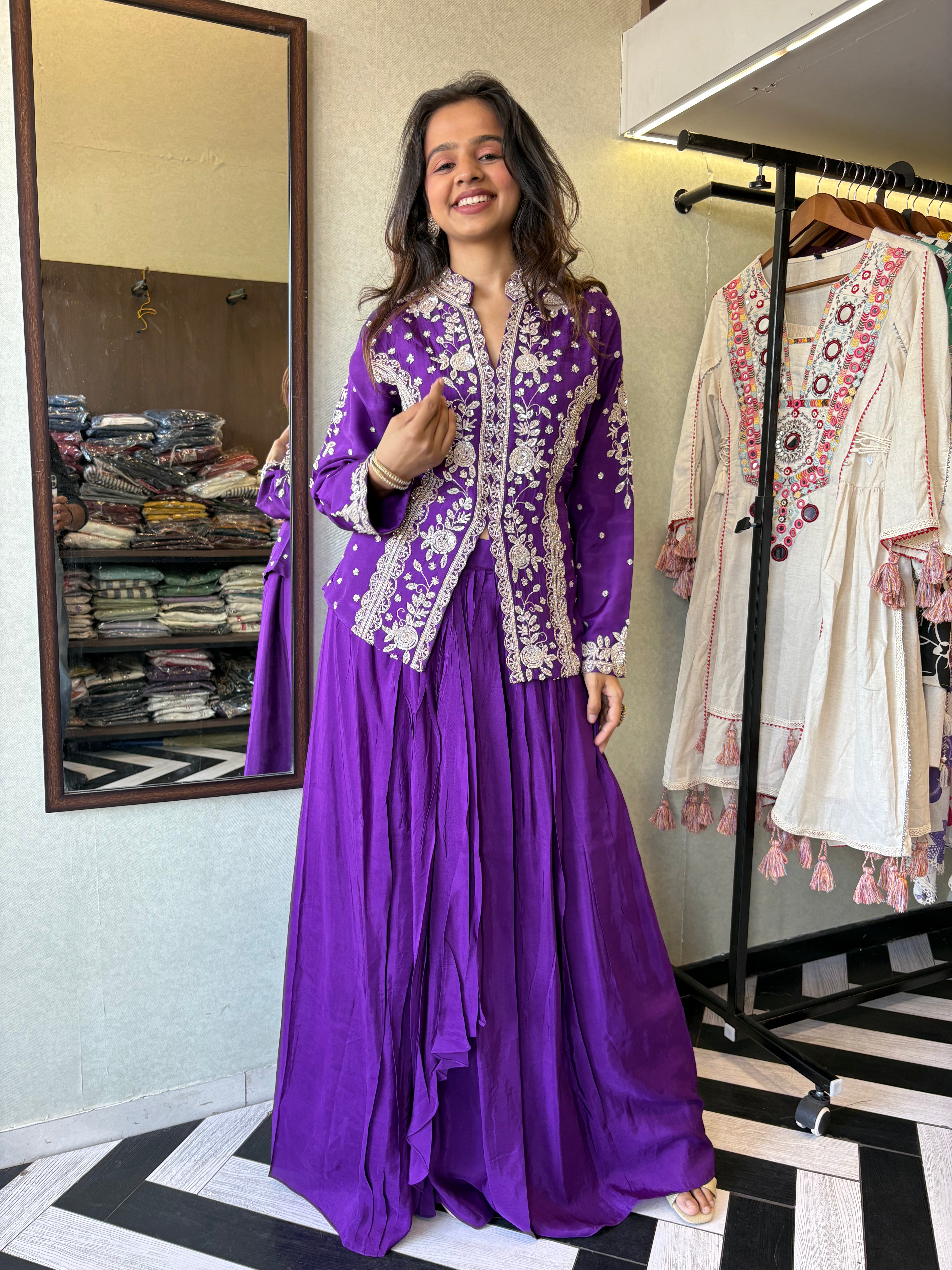 Be the showstopper in this premium pure silk Indo-Western 3-piece set