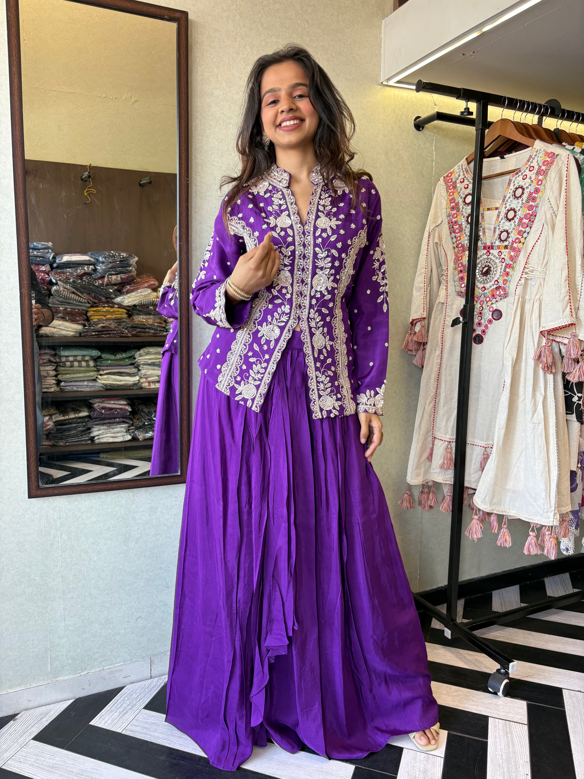 Be the showstopper in this premium pure silk Indo-Western 3-piece set