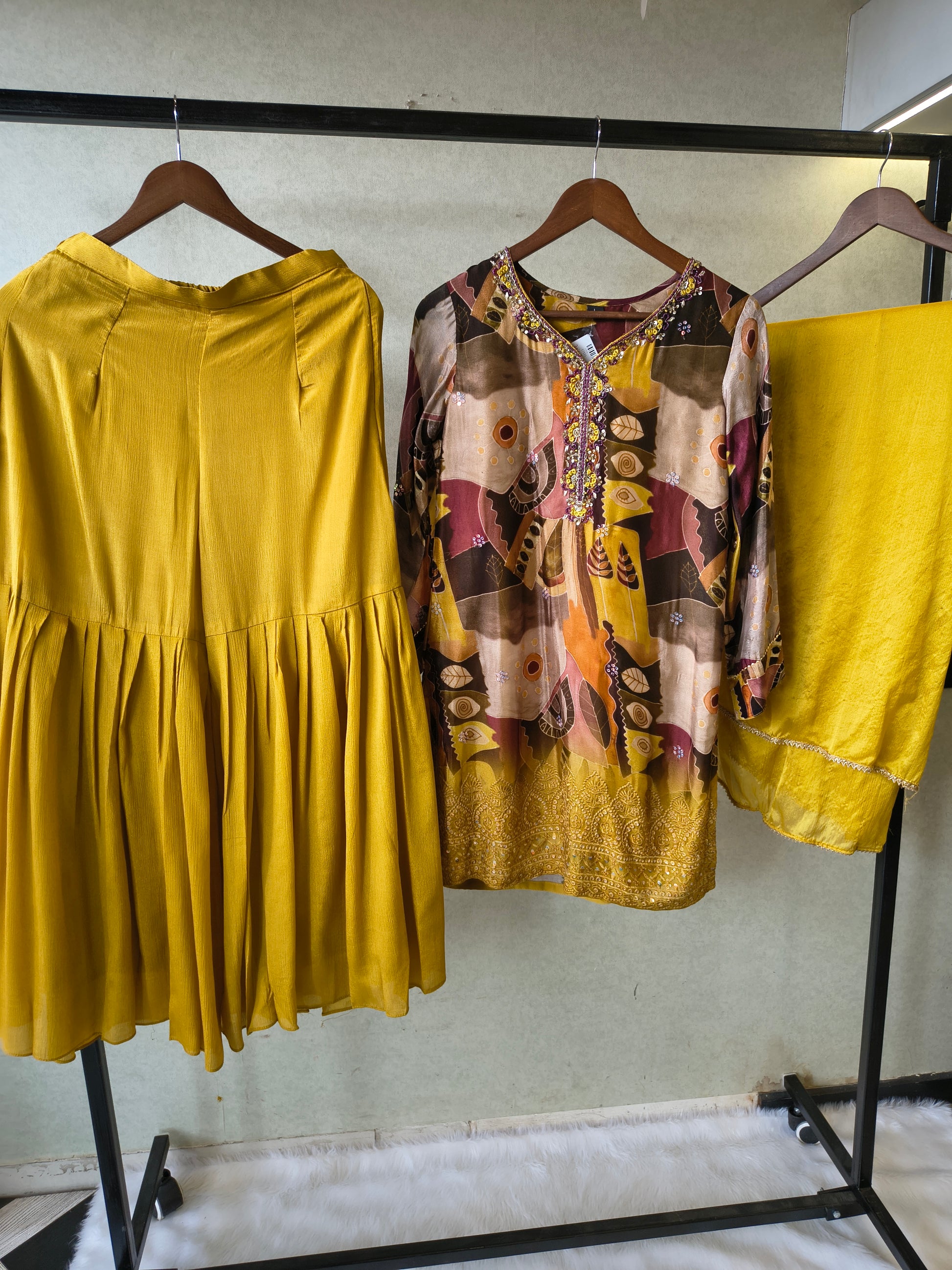 Premium Mustard Abstract Printed Kurta with Sharara & Dupatta Set