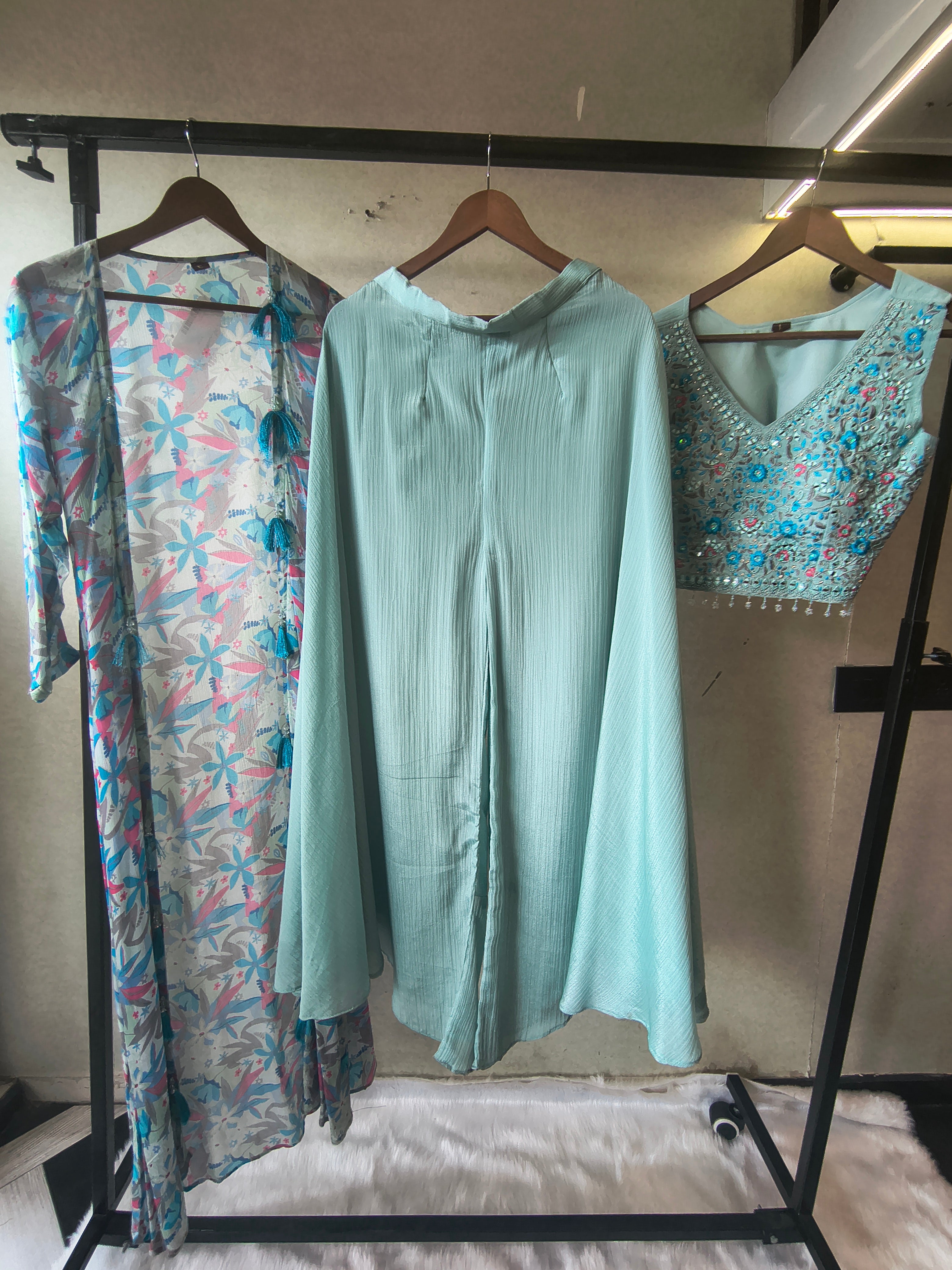 Image of Powder Blue Mirror Embroidered Blouse with Drape Palazzo & Printed Tassel Dupatta – Designer 3 Piece Indo-Western Set