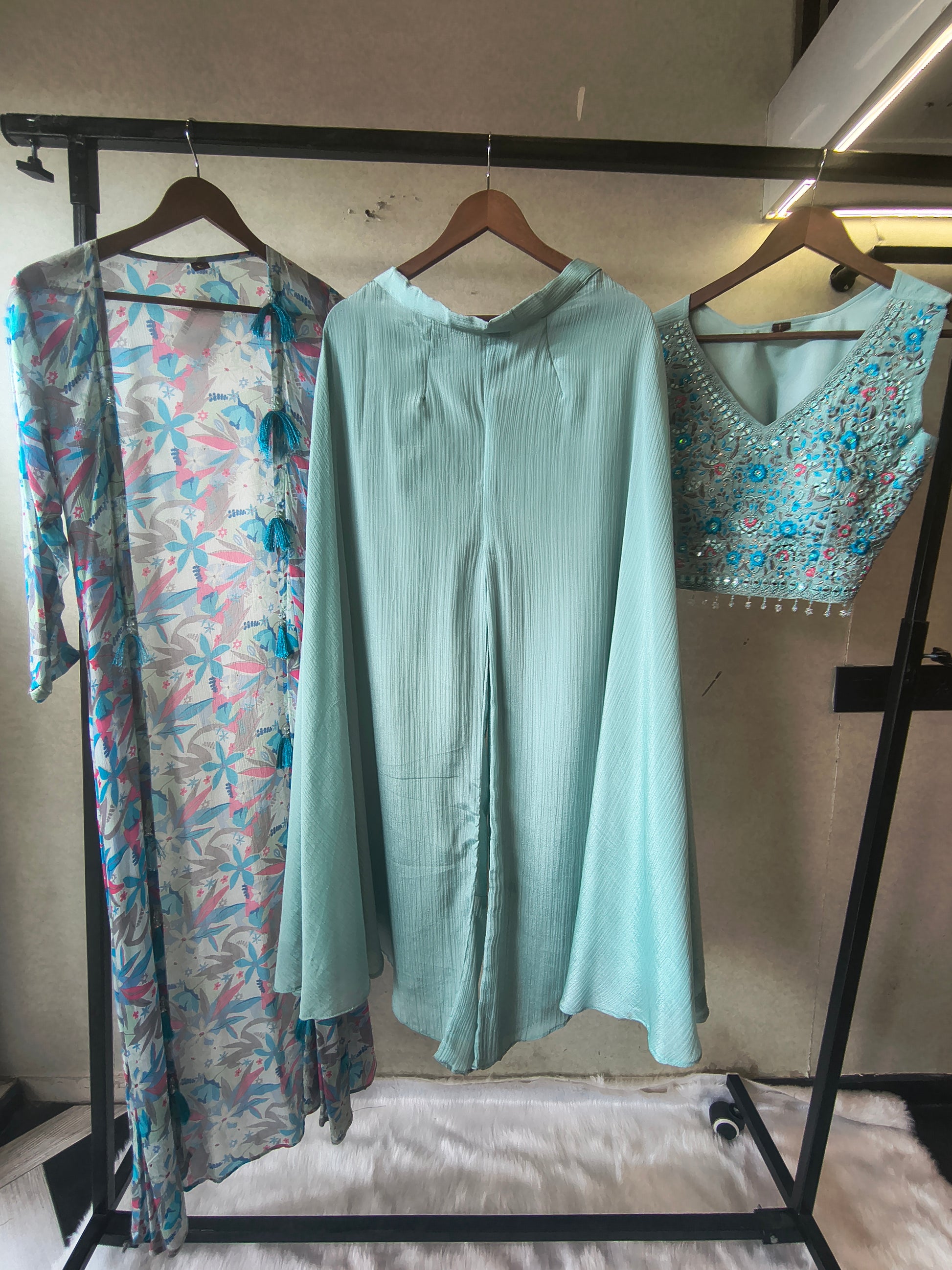 Powder Blue Mirror Embroidered Blouse with Drape Palazzo & Printed Tassel Dupatta – Designer 3 Piece Indo-Western Set