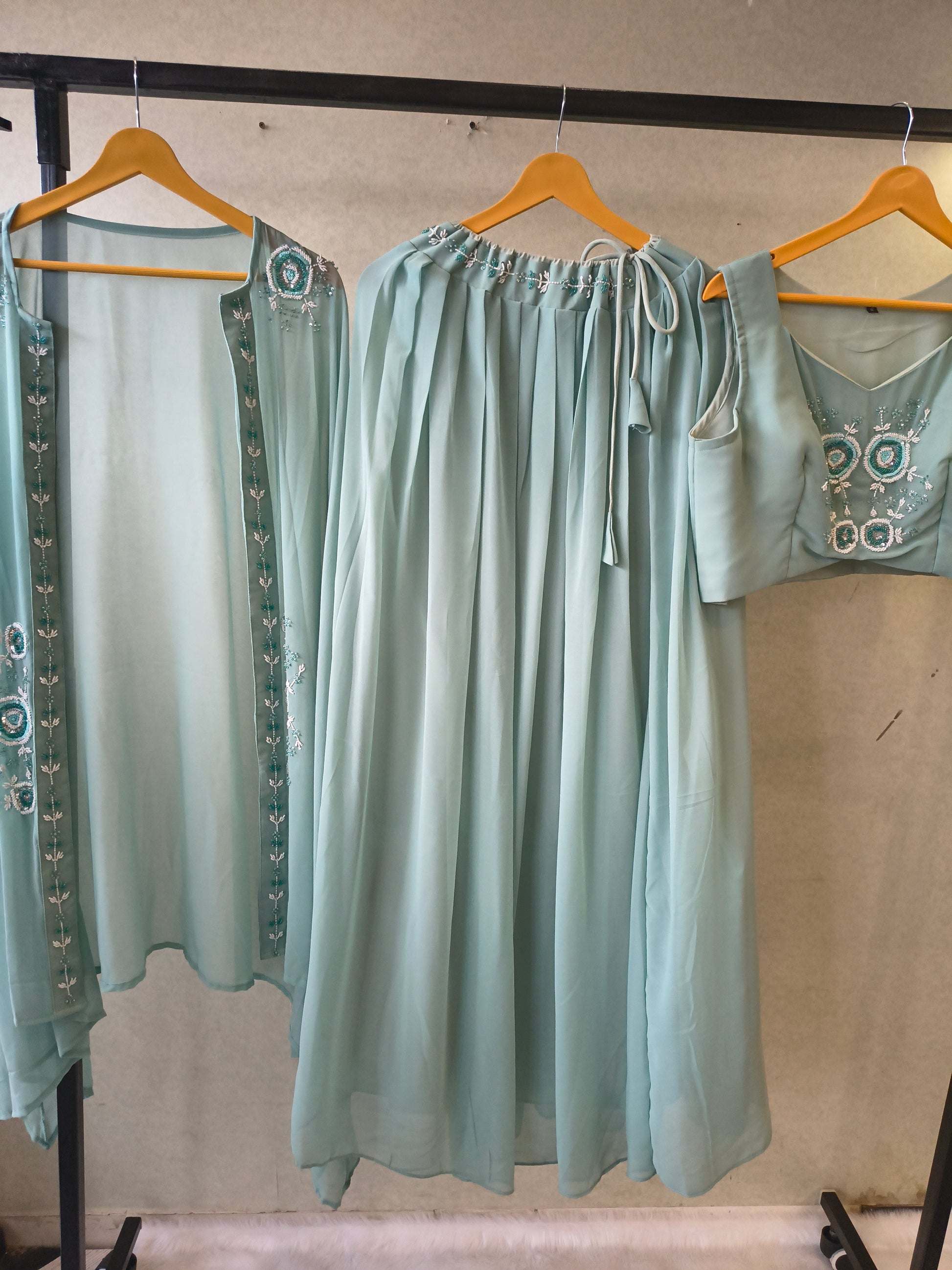 Powder Blue Designer Crop Top Sharara Set with Embroidered Cape & Flared Palazzo | Premium 3 Piece Occasion Wear