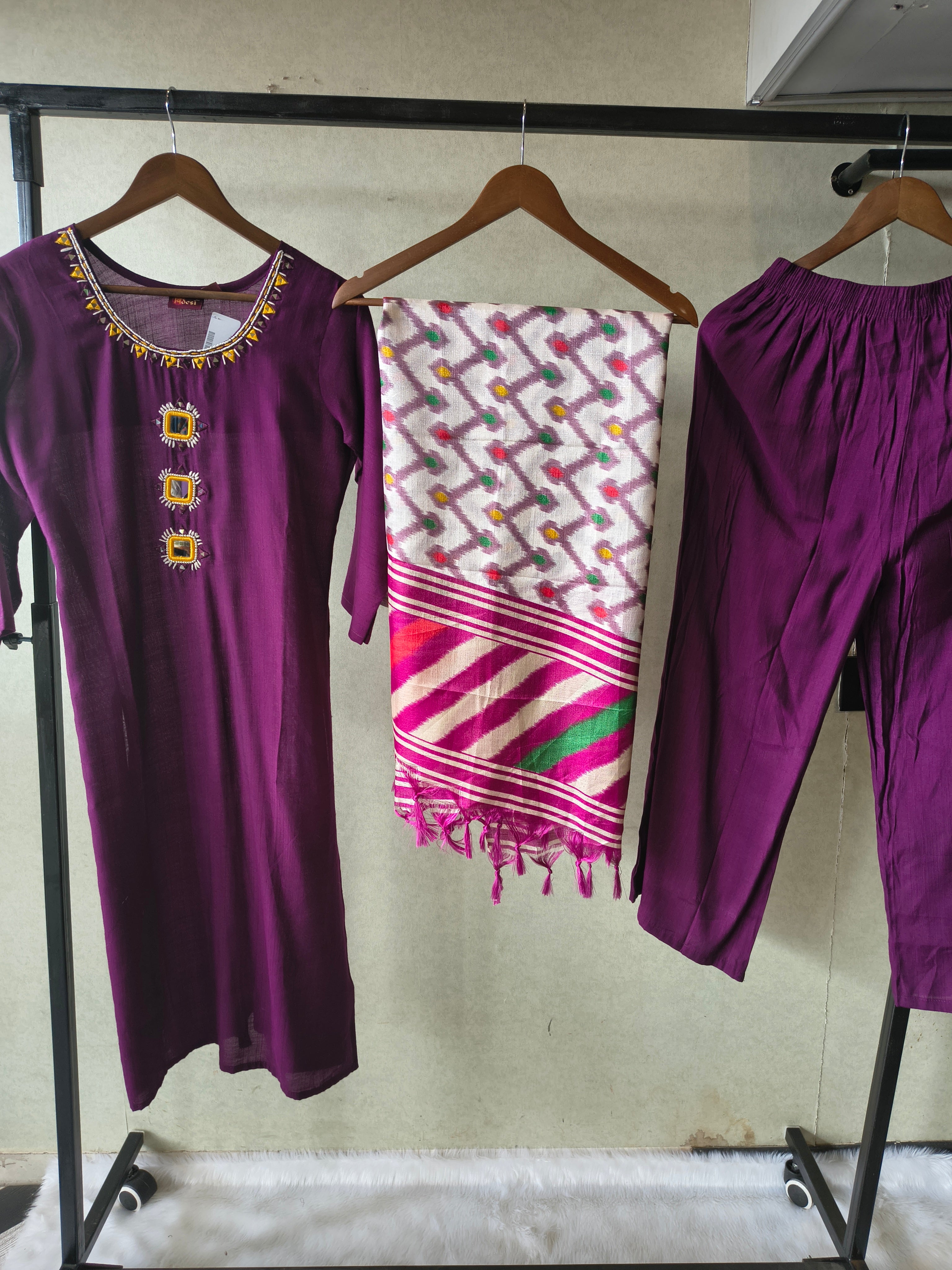 Image of Premium Royal Purple Straight Kurta Set with Mirror Work Neckline, Solid Pants & Ikat Printed Dupatta