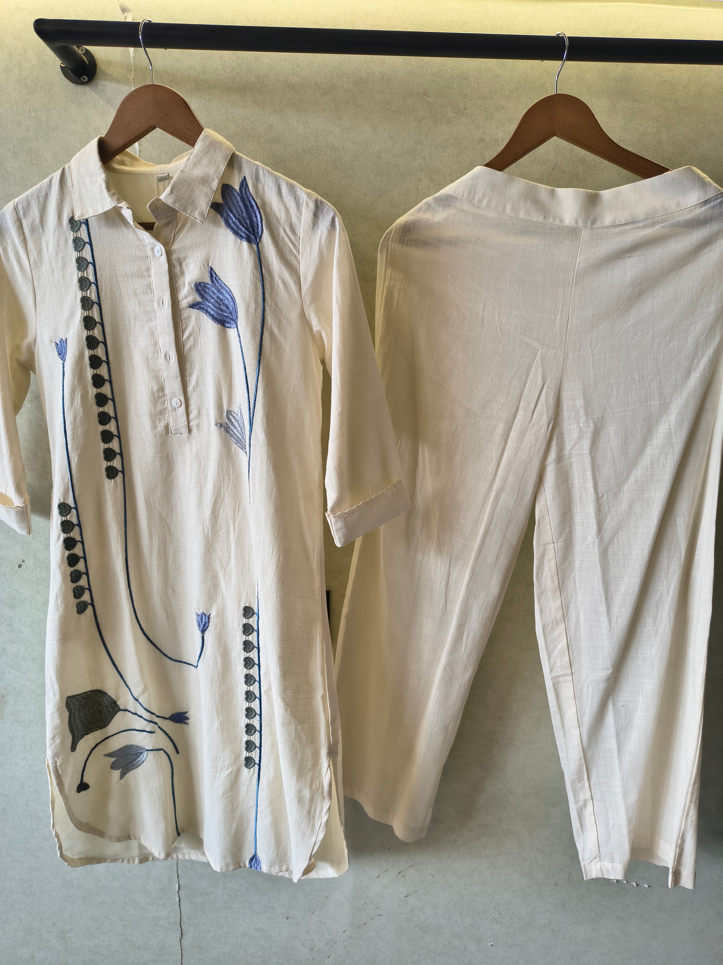 Image of Ivory Botanical Embroidered Cotton Co-Ord Set