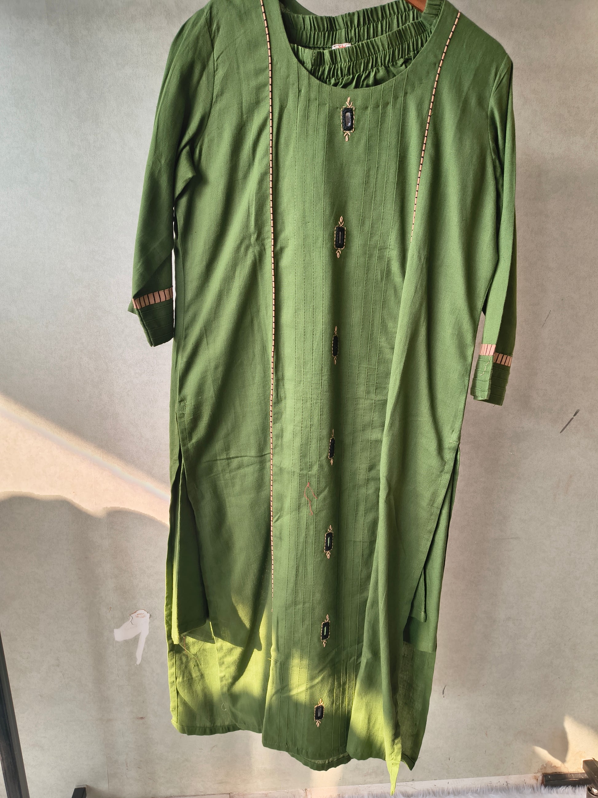Tadko Premium Olive Green Straight Kurta Co-Ord Set with Embellished Yoke