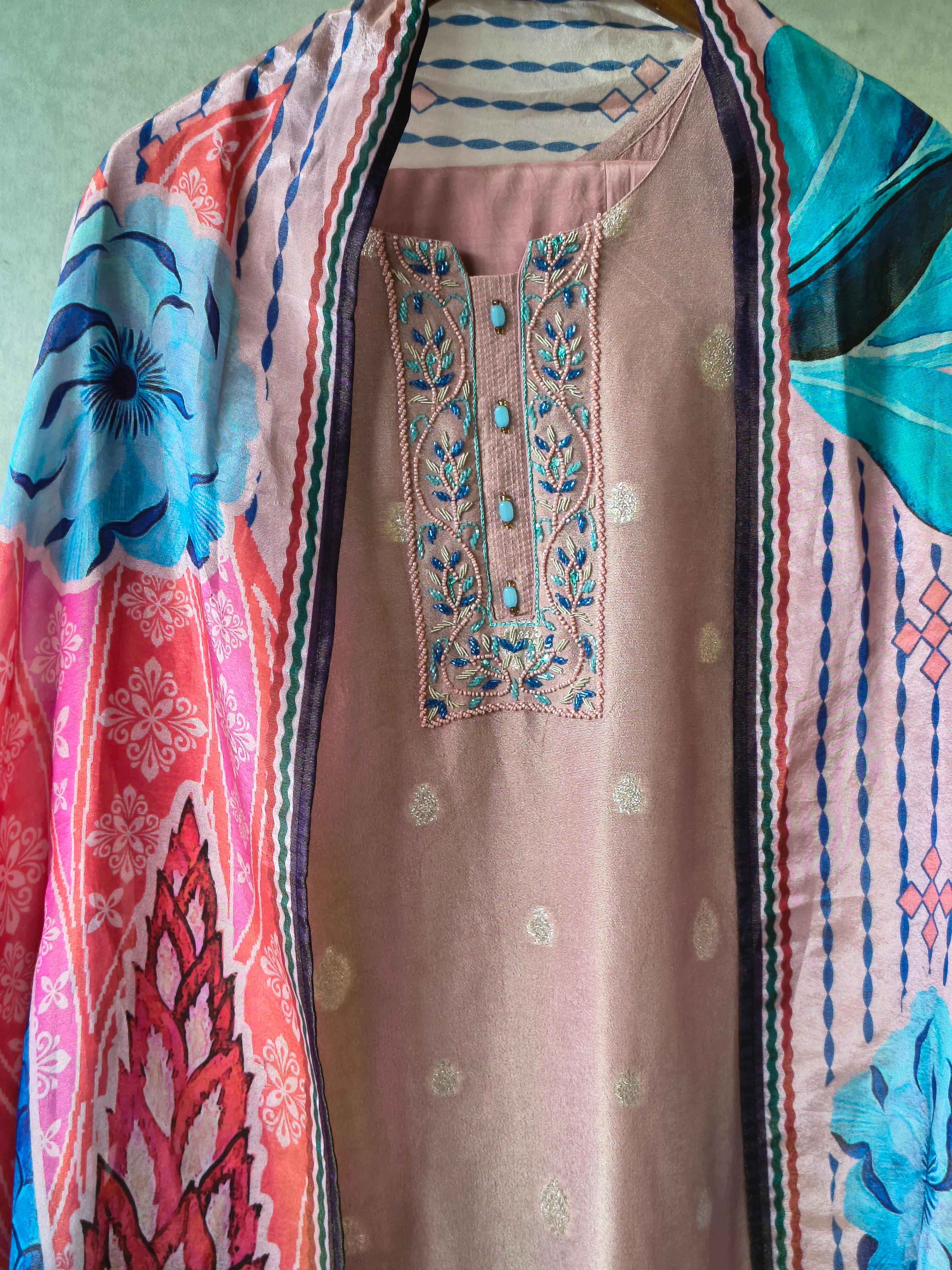 Image of Premium Blush Pink Embroidered Straight Kurta with Cigarette Pants & Designer Printed Dupatta Set