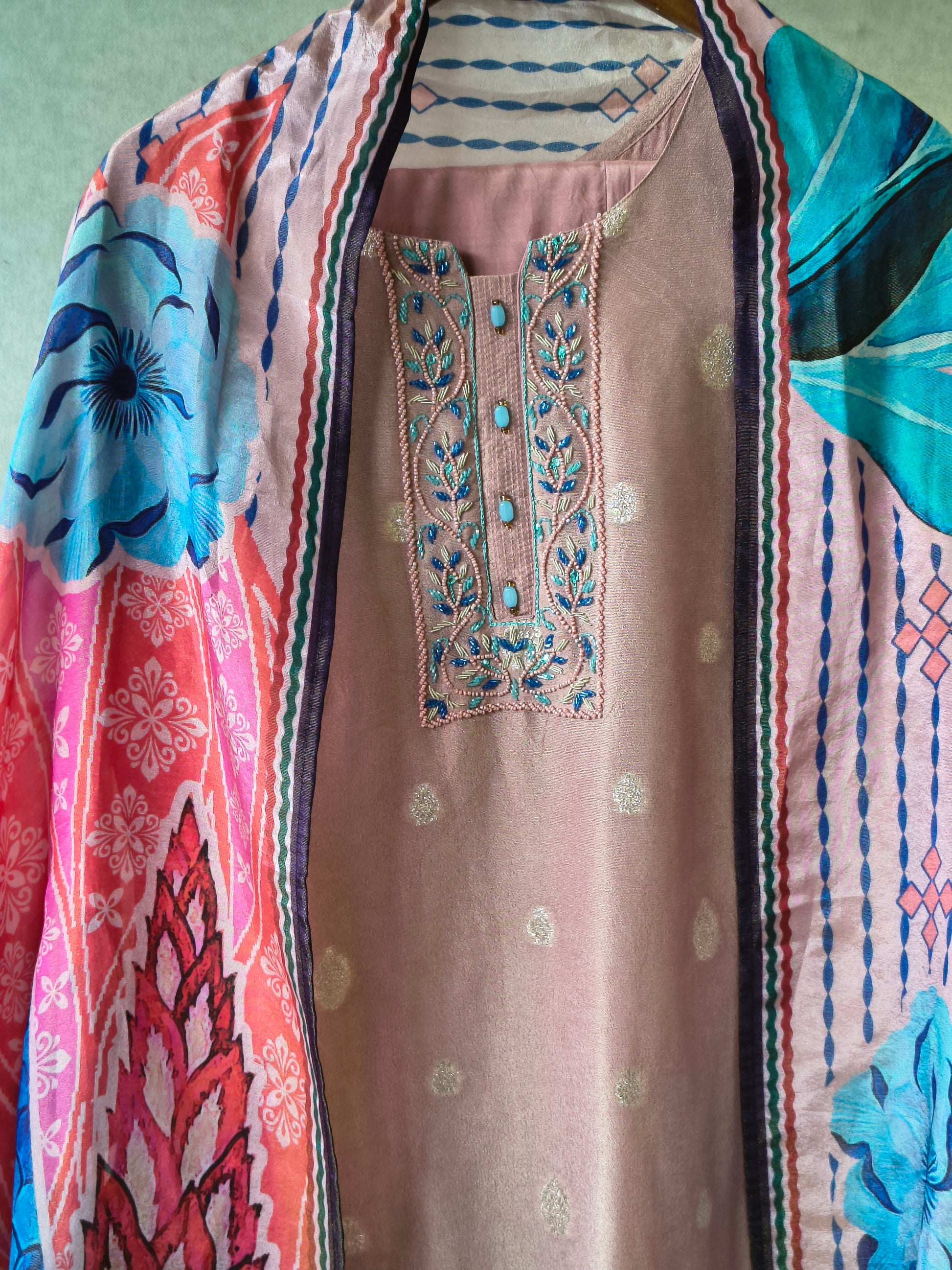 Premium Blush Pink Embroidered Straight Kurta with Cigarette Pants & Designer Printed Dupatta Set