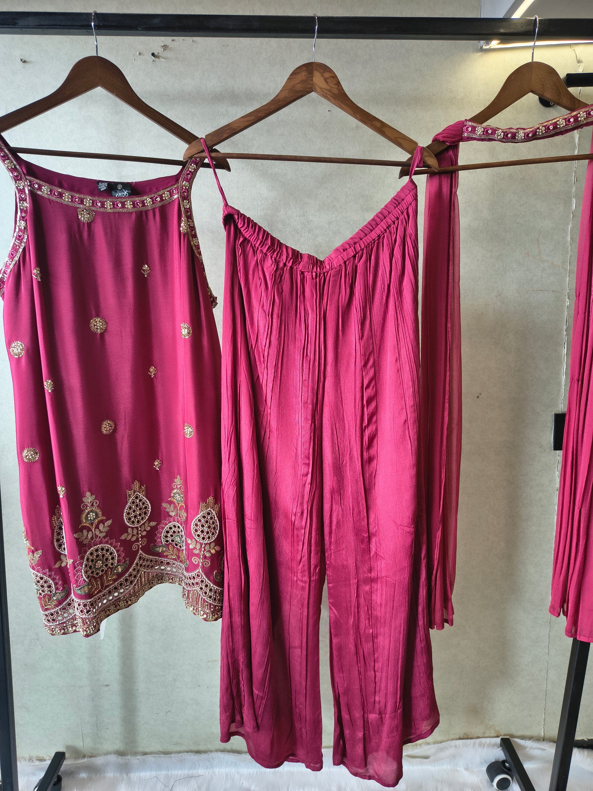 Rani Pink Hand Embroidered Kurta Set with Designer Palazzo & Embellished Dupatta – Premium 3 Piece Festive Ensemble