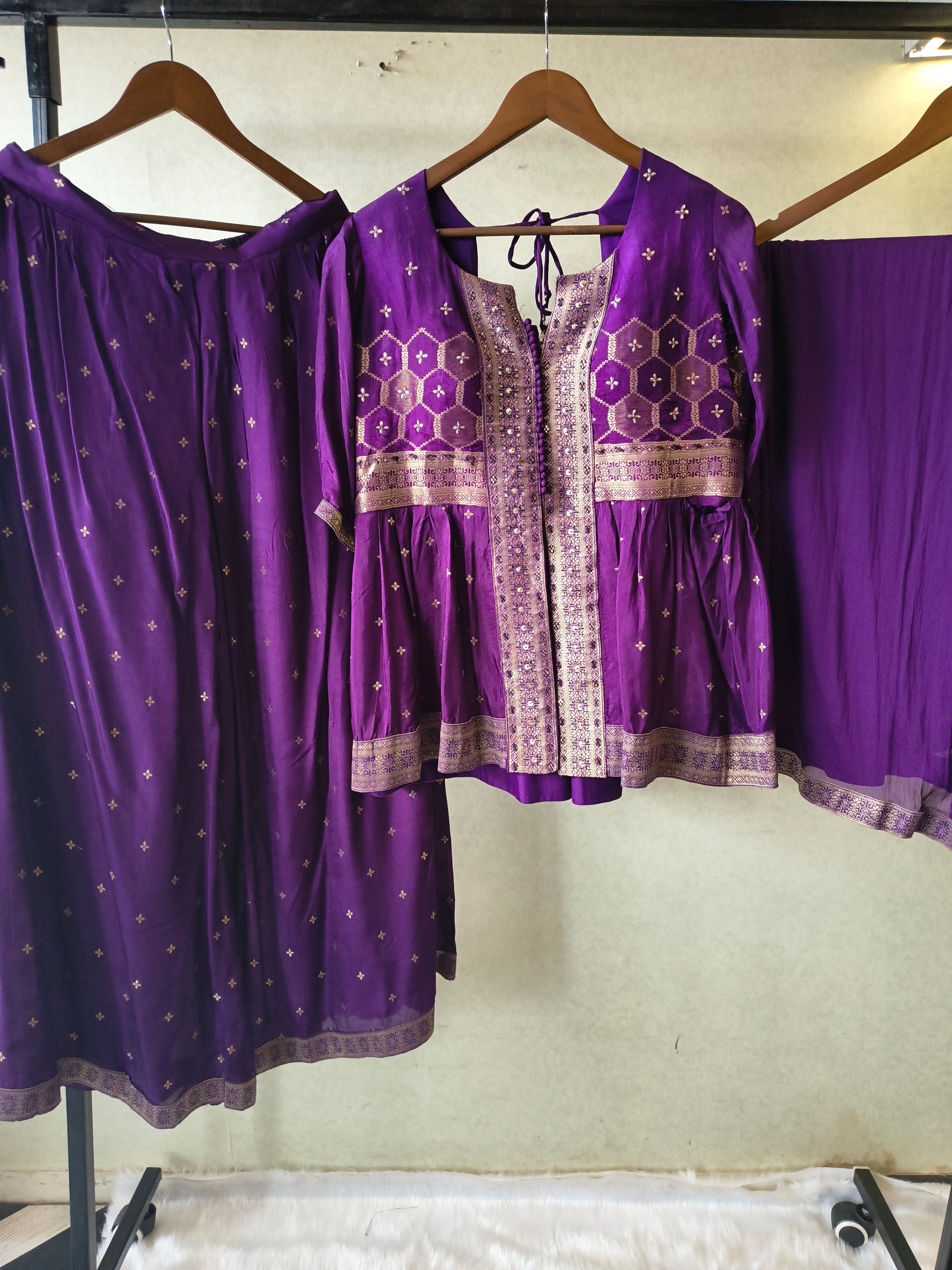 Royal Purple Tissue Silk Embroidered Peplum Jacket with Flared Palazzo & Designer Dupatta – 3 Piece Festive Indo-Western Set