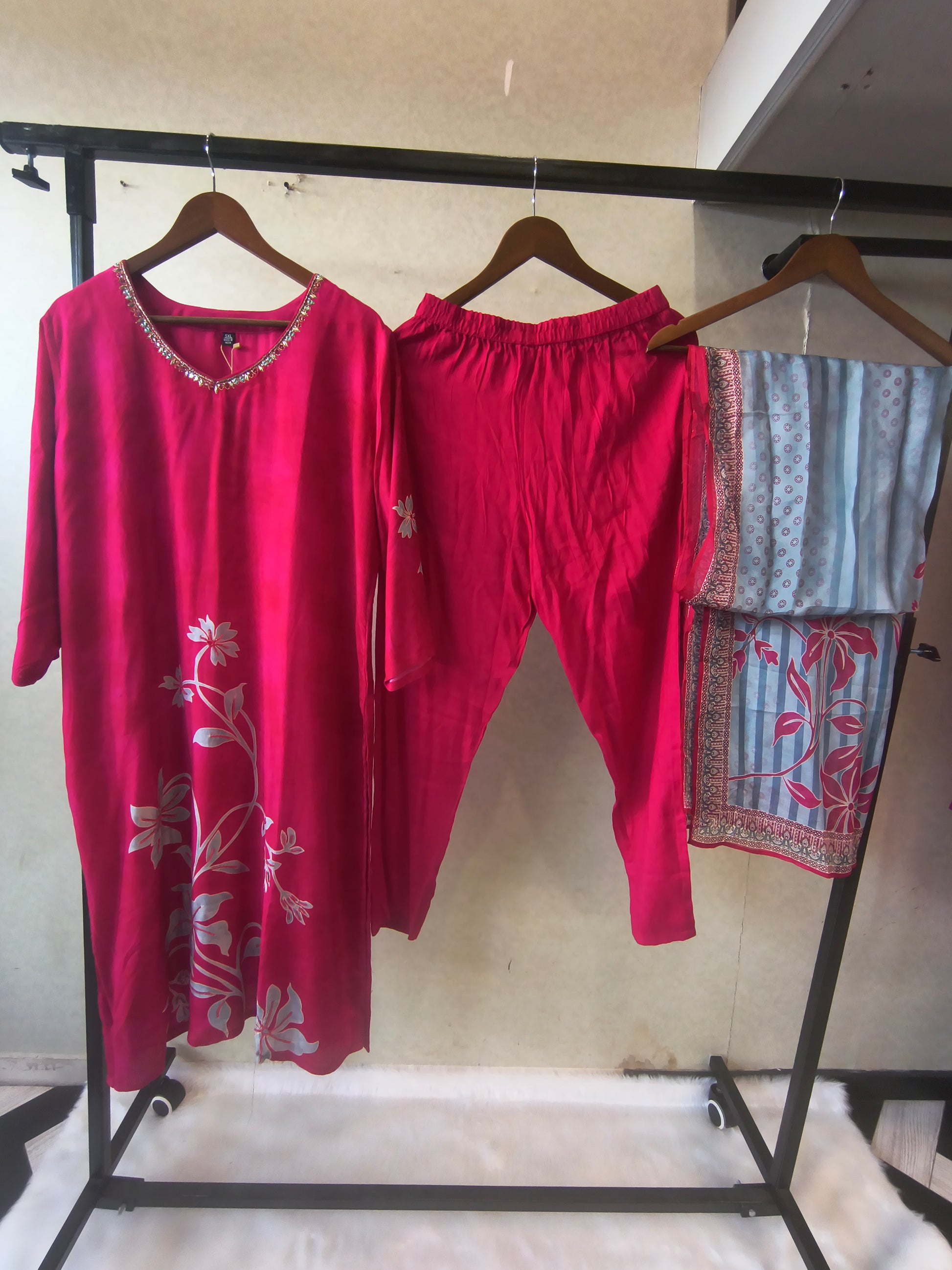 Premium Fuchsia Floral Printed Kurta Set with Embellished Neckline & Contrast Dupatta