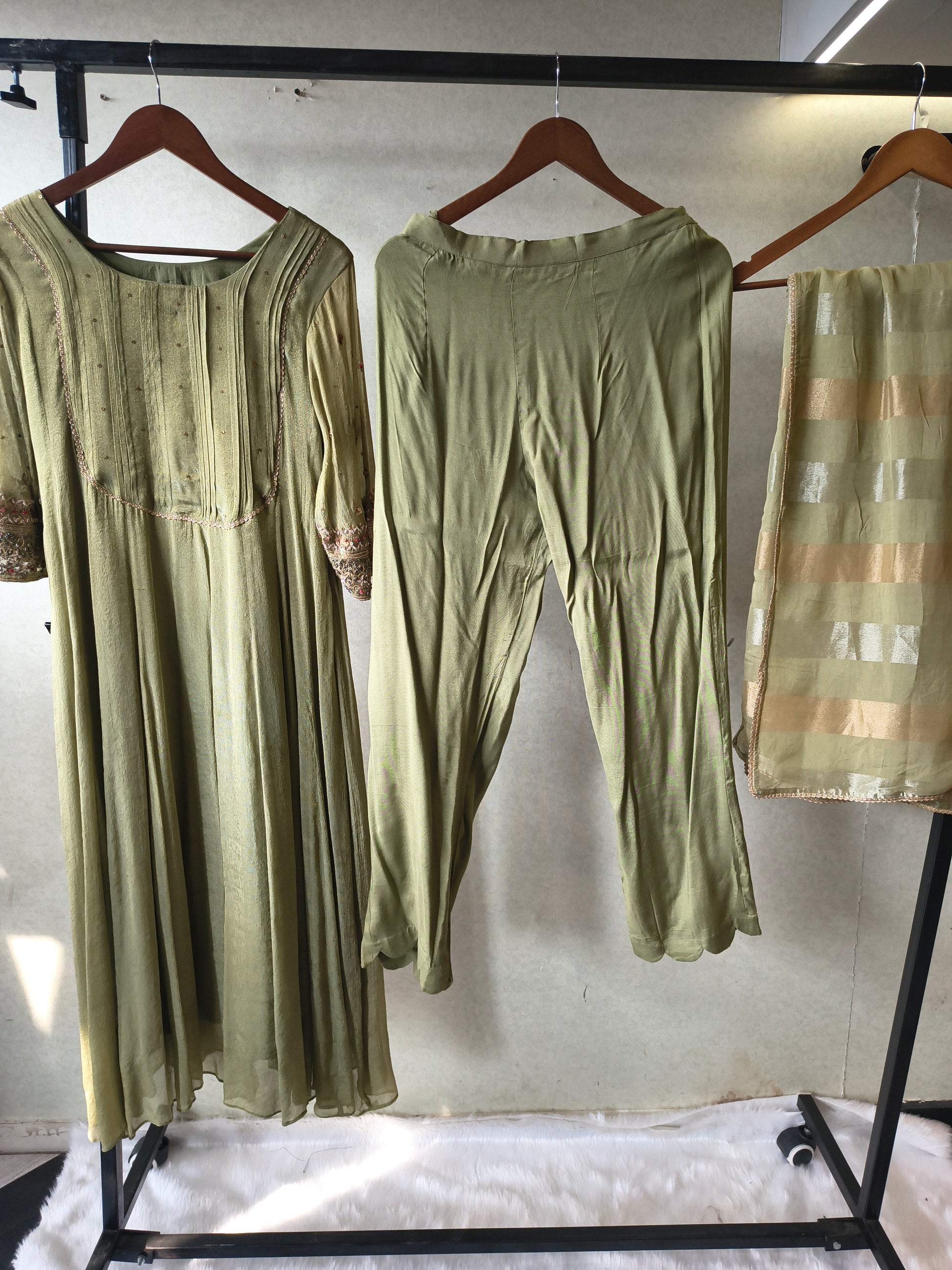 Sage Green Georgette Anarkali Suit Set with Pintuck Yoke, Embroidered Sleeves & Metallic Striped Dupatta – Premium 3 Piece Ethnic Ensemble