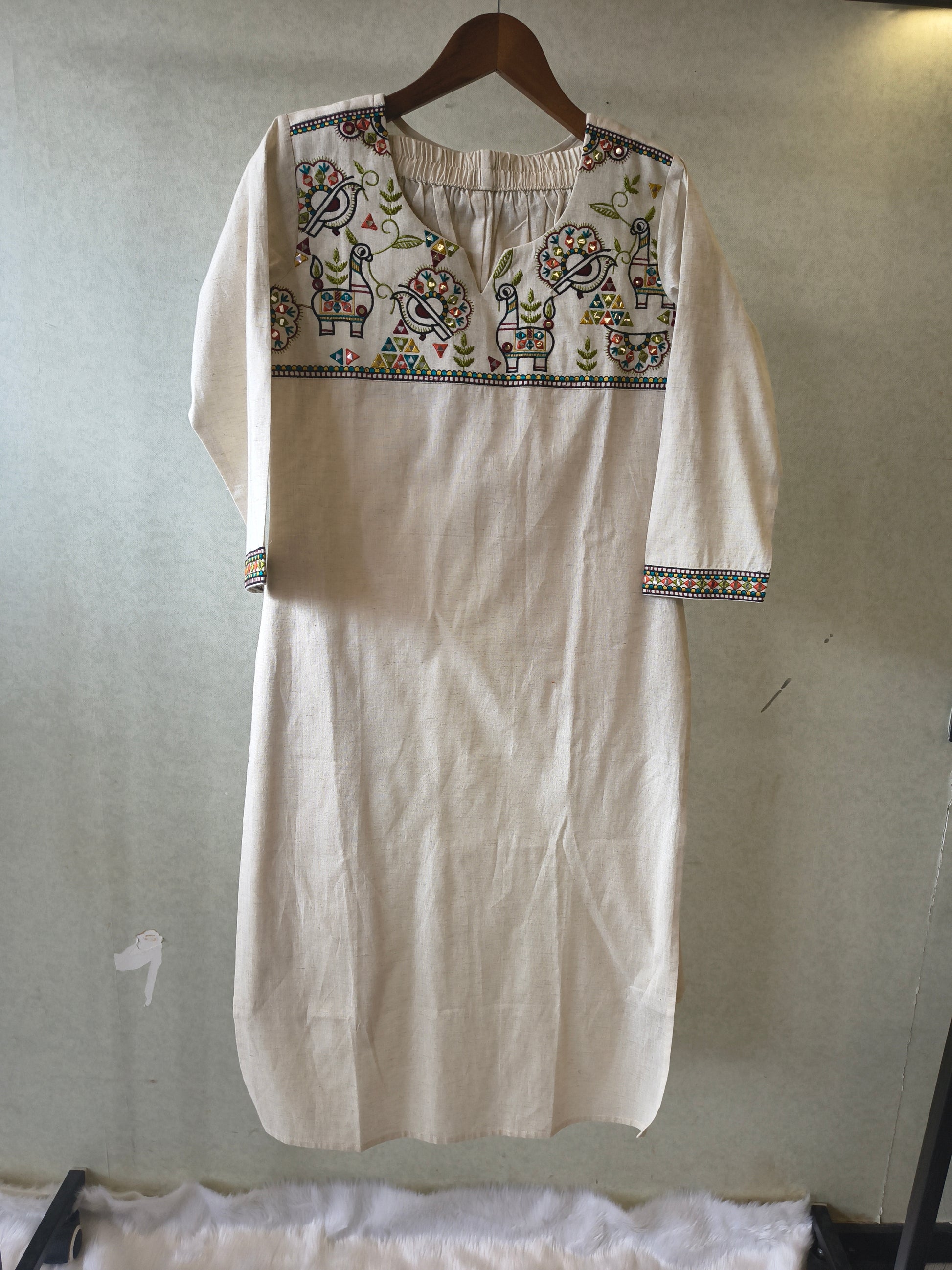Ivory Cotton Linen Kurta Set with Multicolour Folk Embroidery & Straight Pants