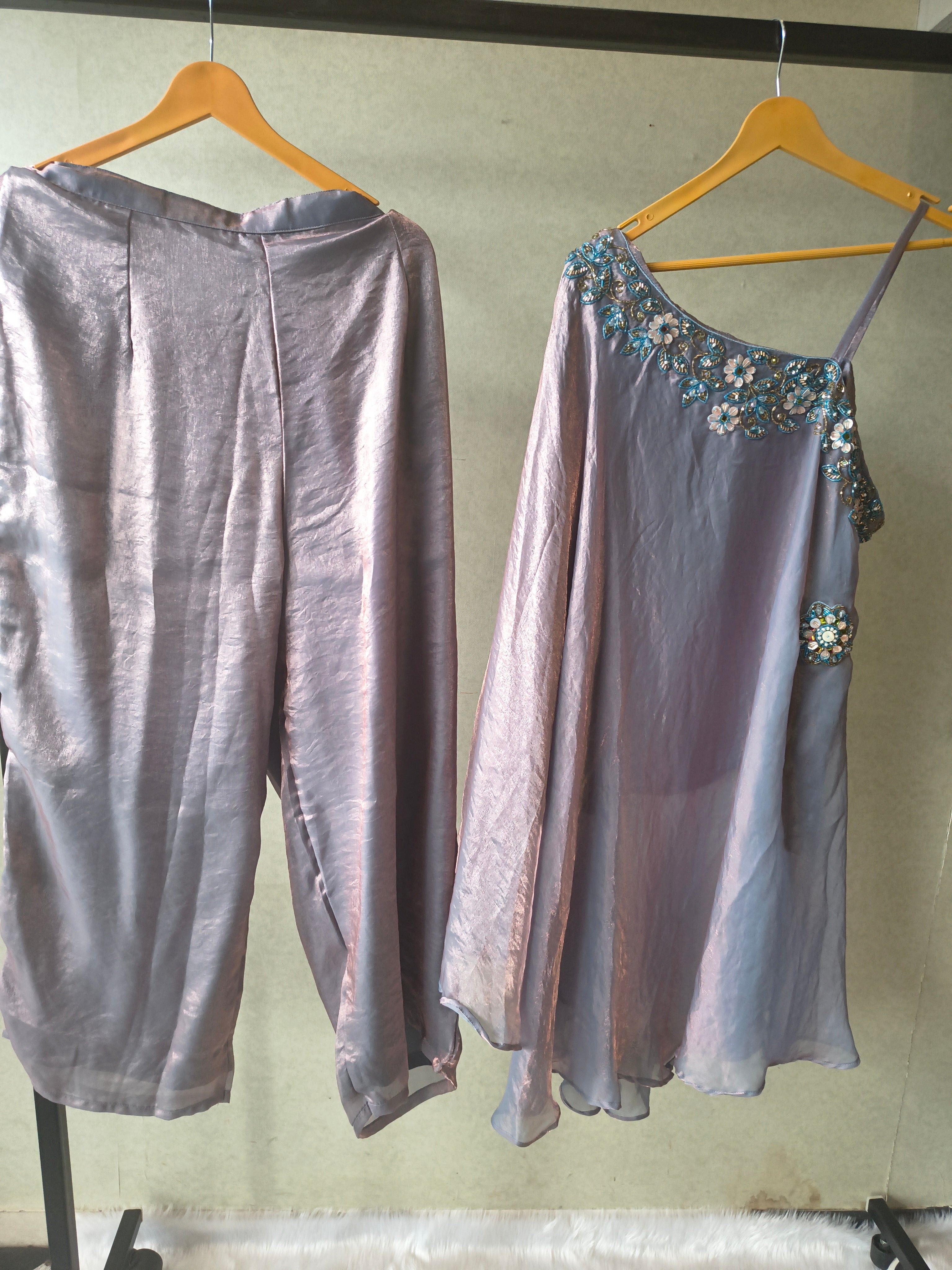 Image of Designer Lilac One-Shoulder Cape Top with Draped Tulip Pants – Luxury Indo-Western Co-Ord Set